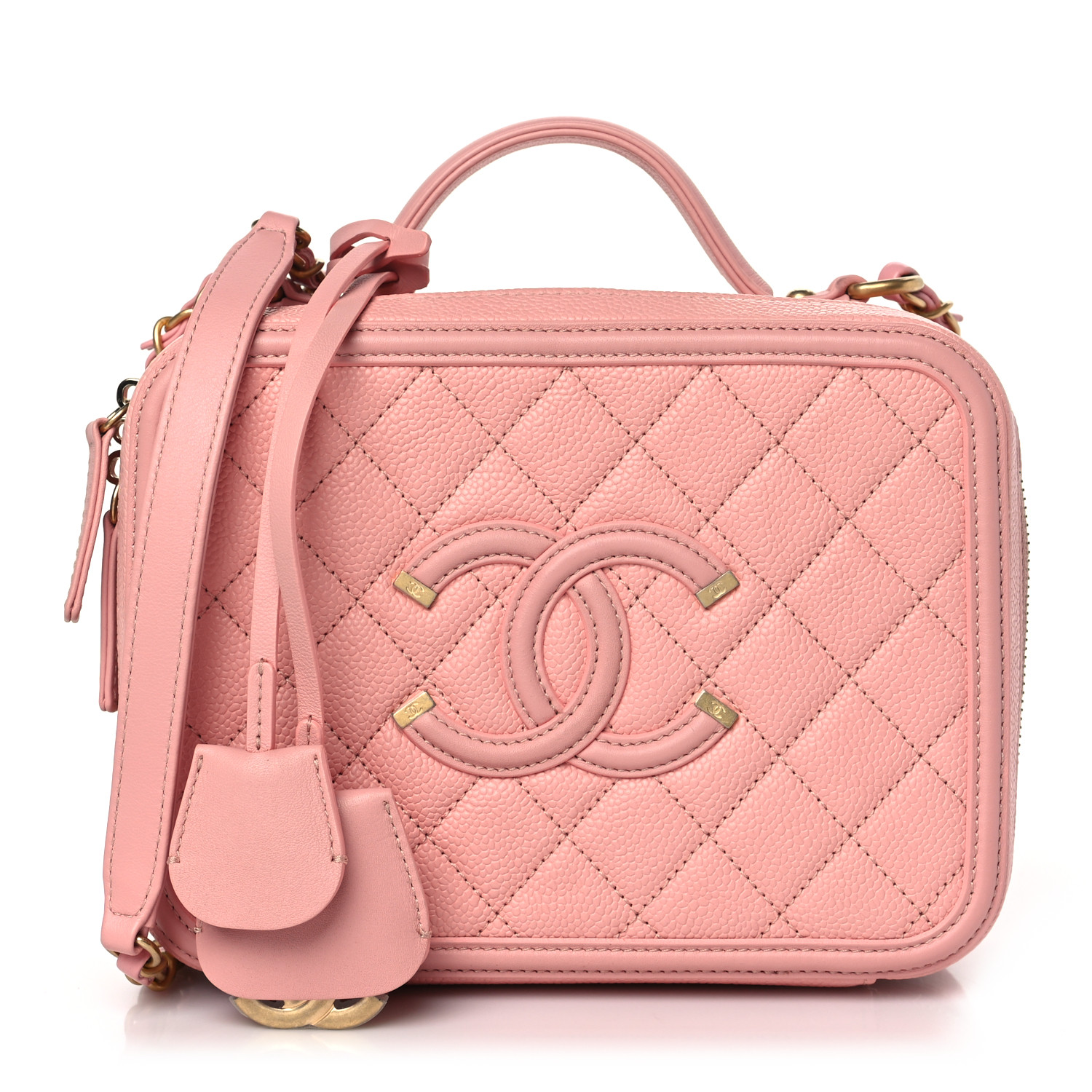 CHANEL ★ Chanel CC Matelasse Caviar Leather Vanity Bag Pink Chanel Small Classic Vanity Case Pink Caviar Light Gold Hardware
