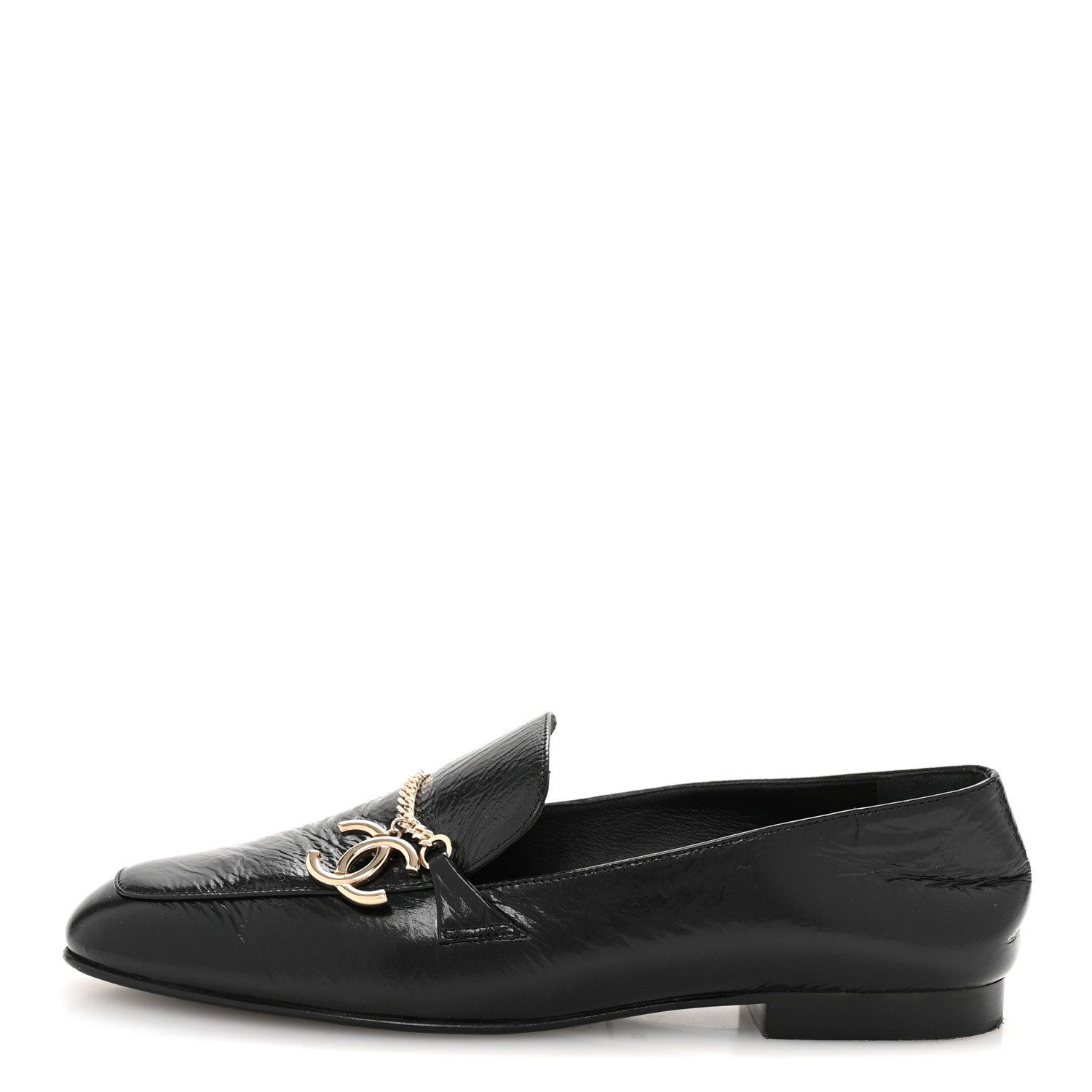 ま*ん様 CHANELストーン付き 本革ベルト黒 CHANEL Crinkled Calfskin Chain CC Mocassin Loafers 40 Black