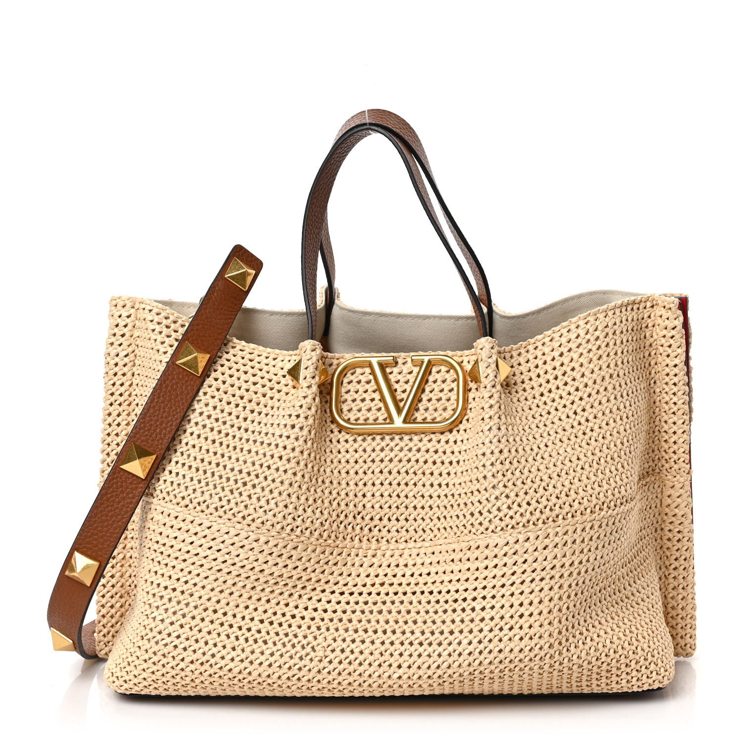 【関税&送料込】Valentino Garavani Two-Tone Raffia Medium Ro VALENTINO GARAVANI Vlogo Medium Leather-Trimmed Embroidered