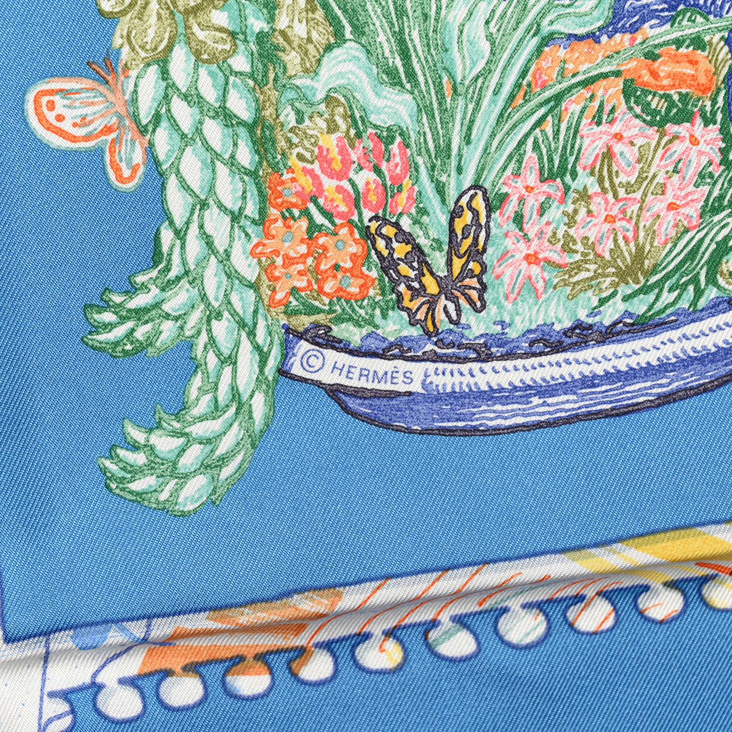 HERMES Silk Chevaloscope Scarf 90 Bleu Orange Multicolor