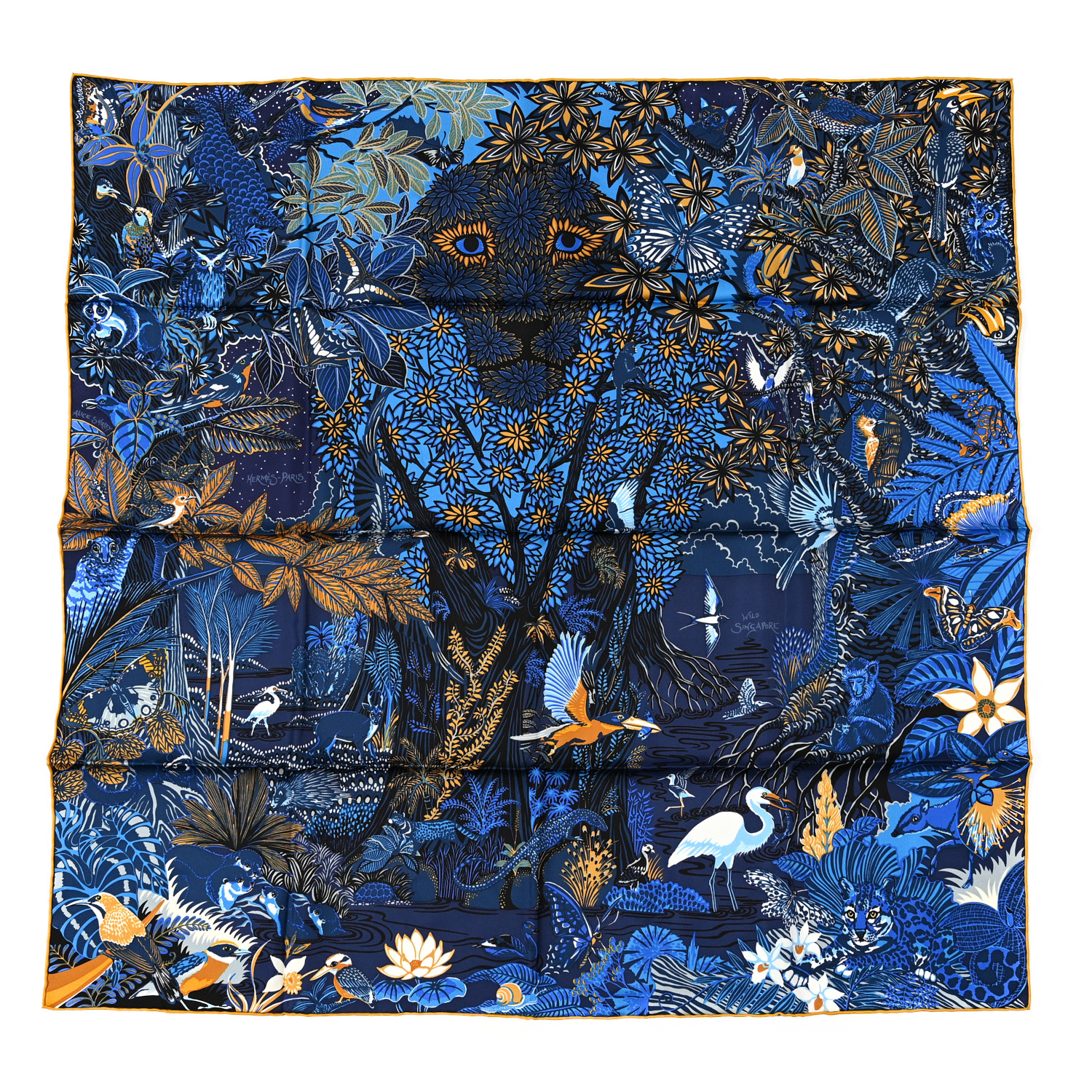 HERMES Silk Wild Singapore Scarf 90 Bleu Roy Gold Marine