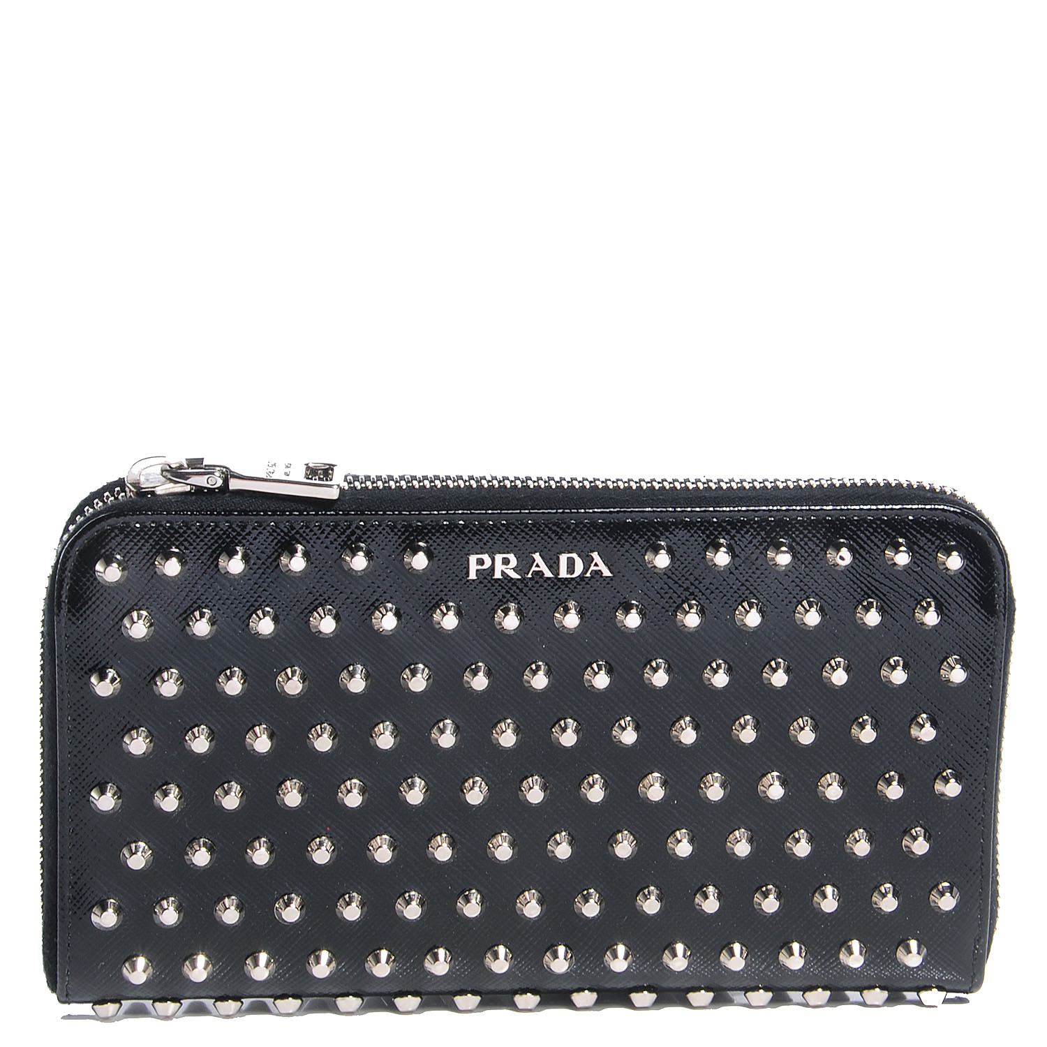 PRADA Saffiano Vernice Studded Zip Around Wallet Black 85144