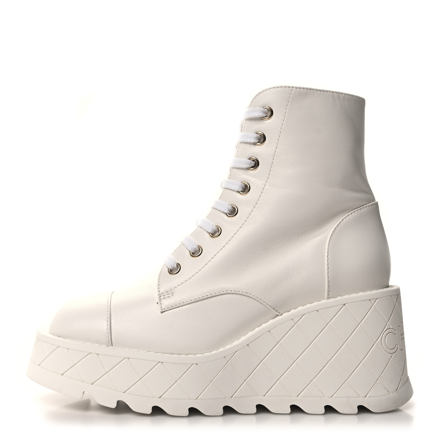 CHANEL Lambskin Quilted Lace Up Wedge Combat Boots 36 White