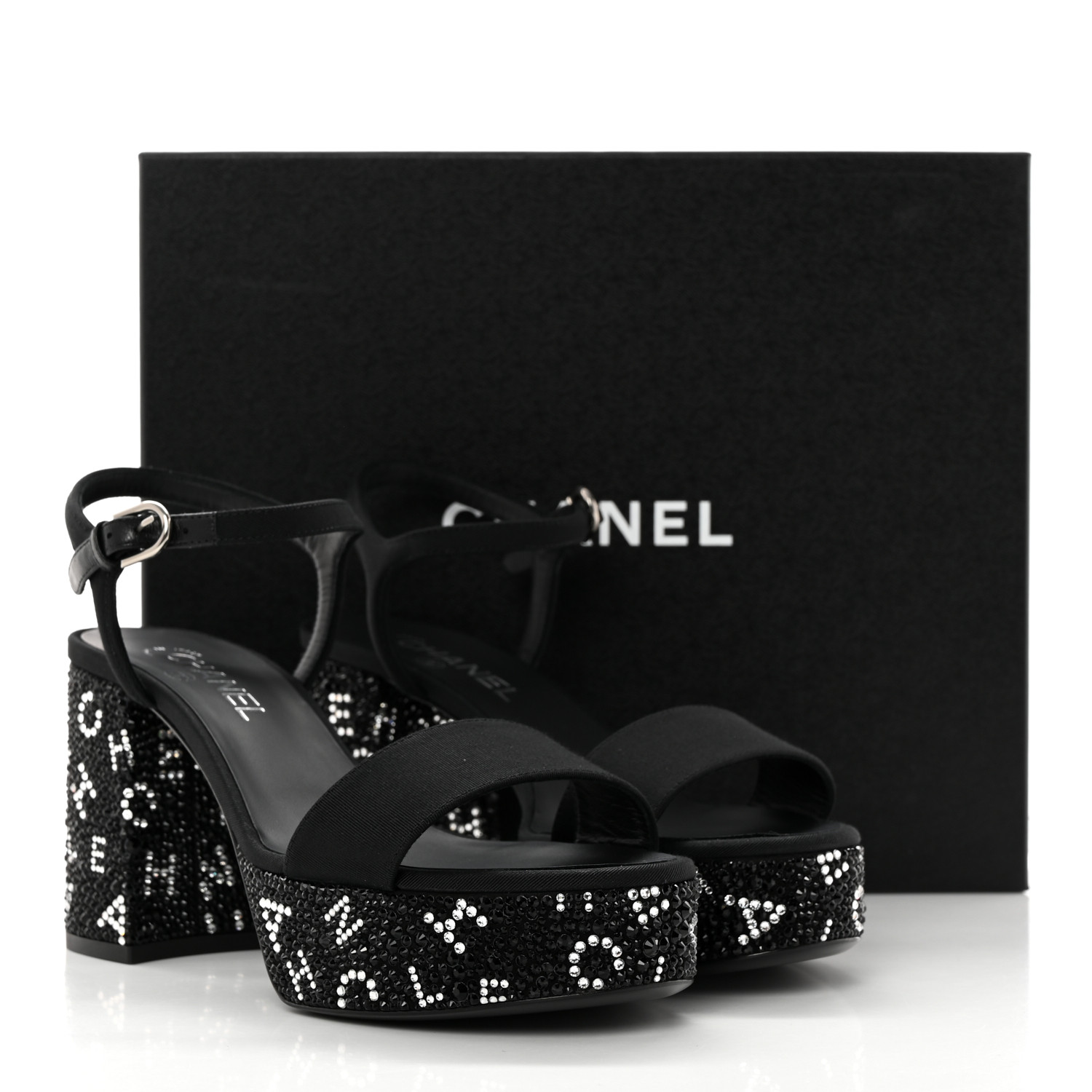 CHANEL  Grosgrain & Strassブラック シルバーサンダル CHANEL Grosgrain Strass Logo Platform Sandals 37.5 Black
