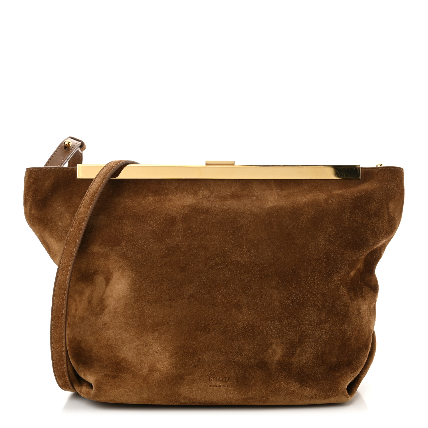 KHAITE Suede Calfskin Augusta Envelope Pleated Crossbody Caramel 