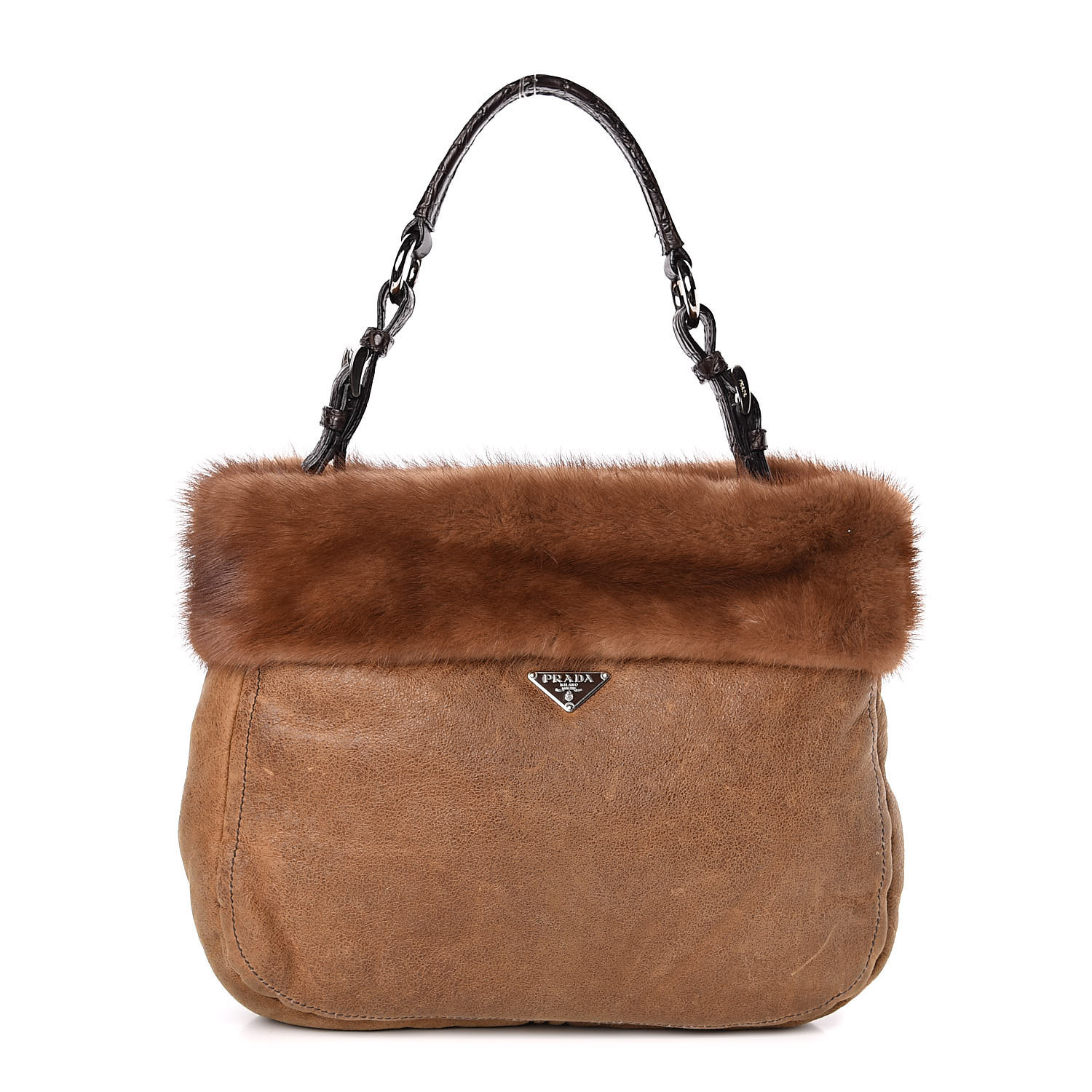 PRADA Suede Shearling Mink Fur Crocodile Shoulder Bag Brown