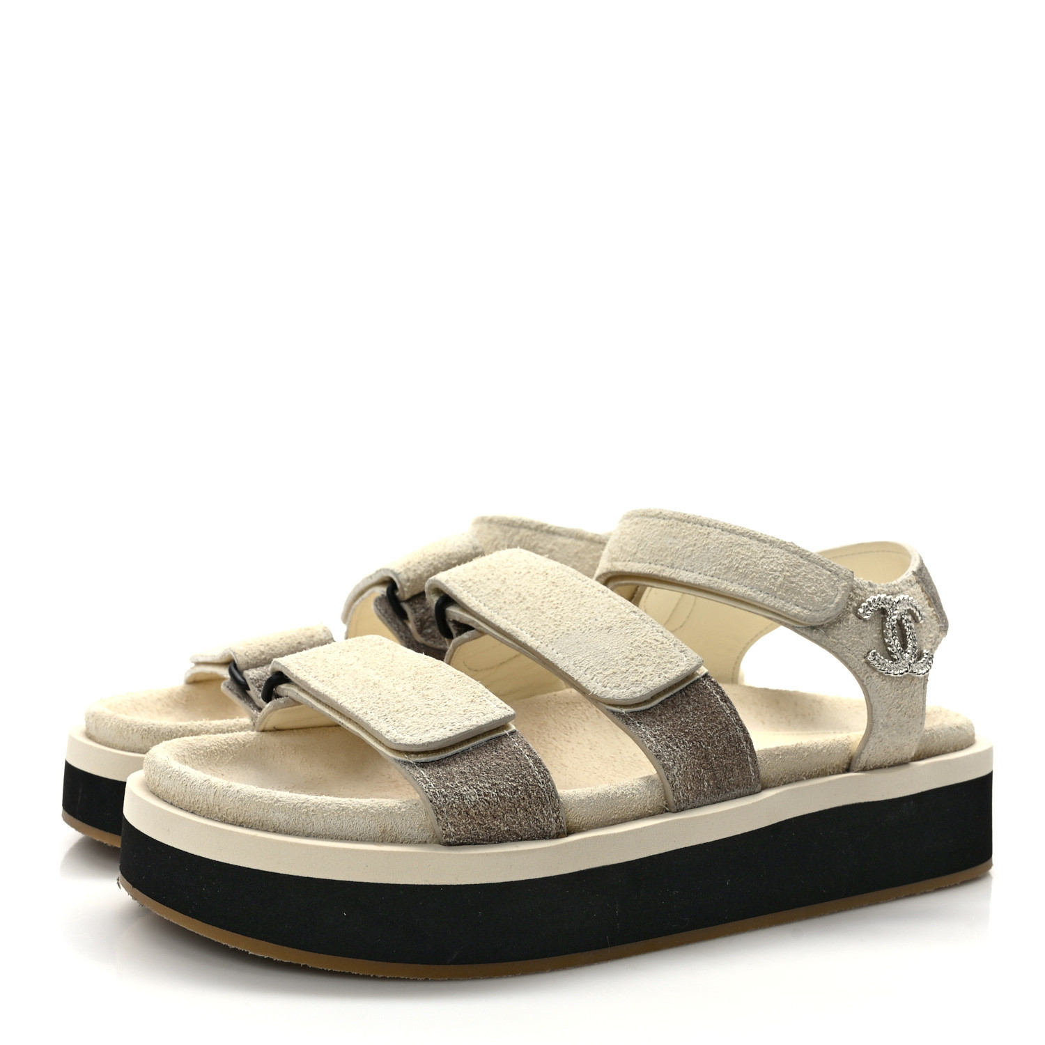 CHANEL Suede Calfskin Velcro Flat Sandals 37 Ecru Dark Beige