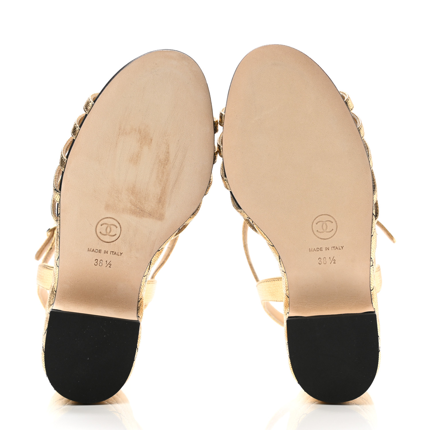 CHANEL Laminated Goatskin Quilted Wedge Sandals 38.5 Gold
