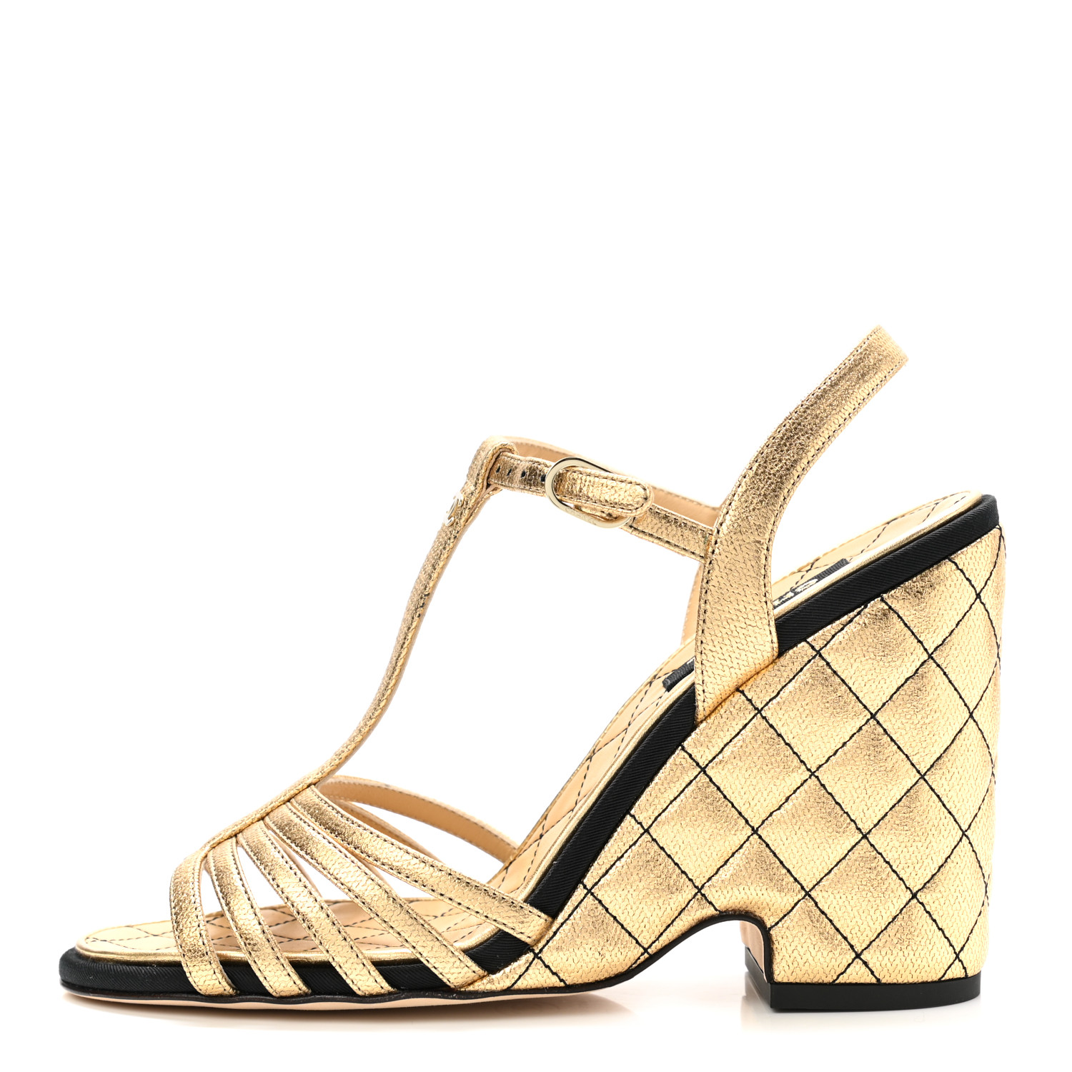CHANEL シャネル CHANEL Laminated Goatskin Quilted Wedge Sandals 38.5 Gold