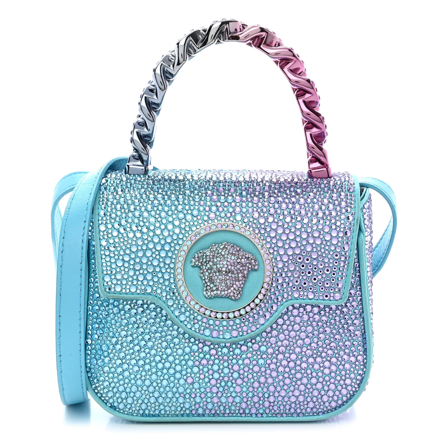 VERSACE クリスタル ラ メドゥーサ ミニハンドバッグ ブルー VERSACE Satin Crystal Studded Mini La Medusa Bag Blue