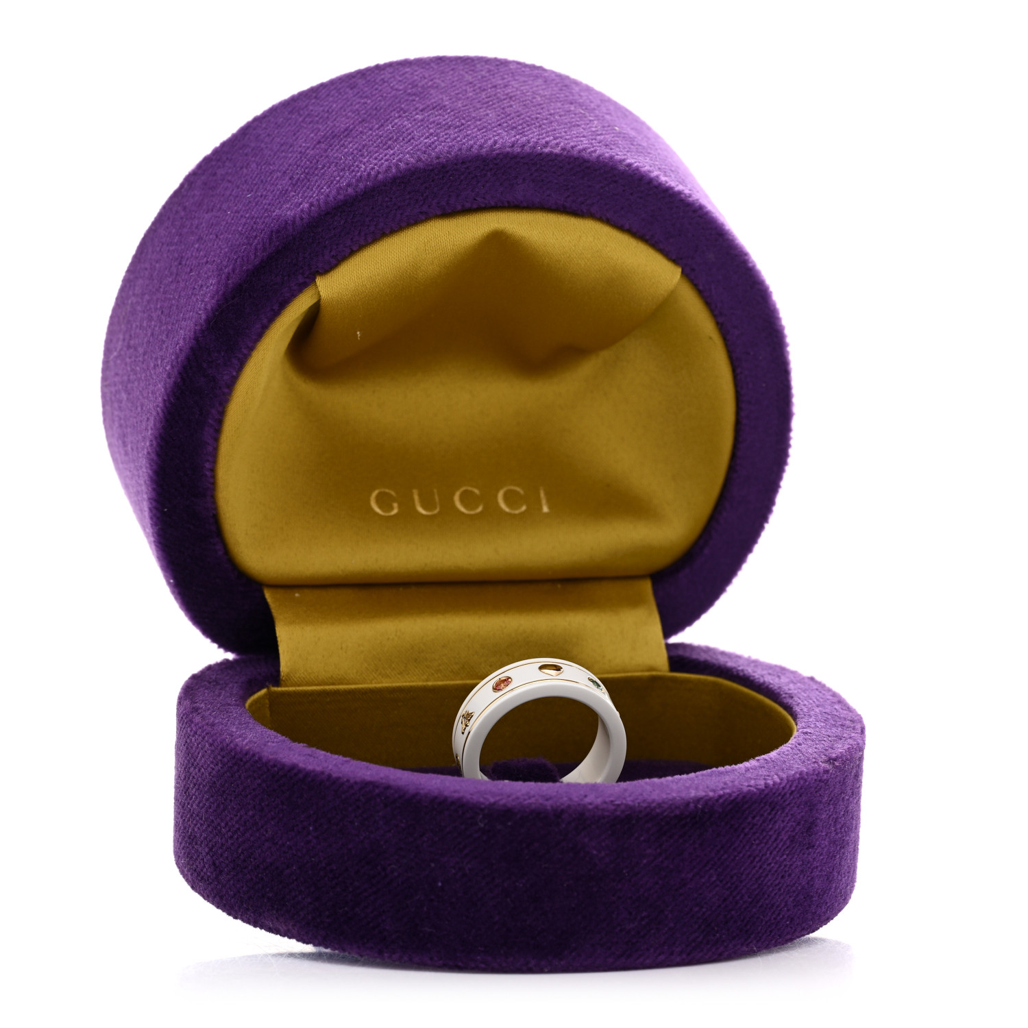 GUCCI 18K Yellow Gold Ceramic Topaz Icon Band Ring 54 7