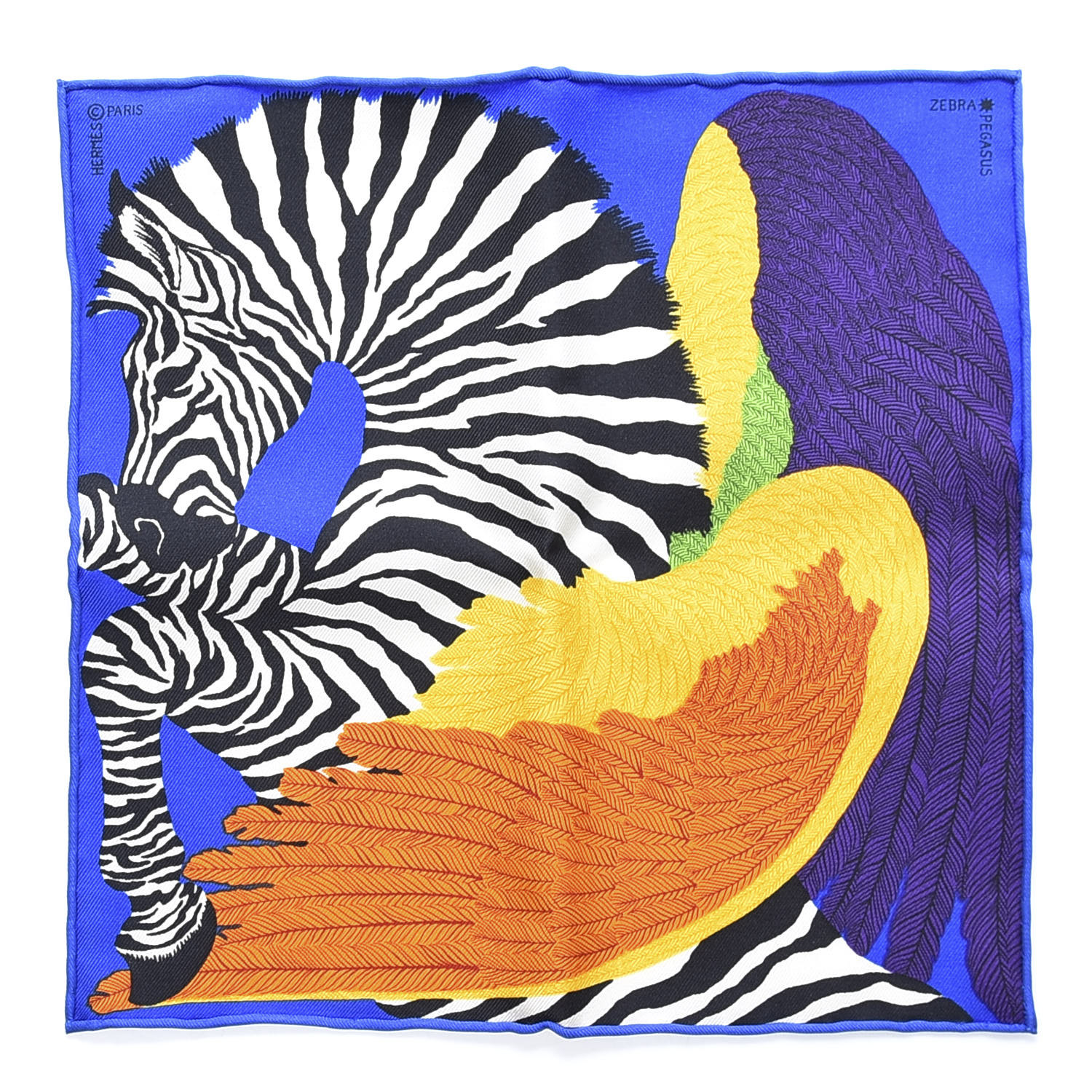 HERMES Silk Zebra Pegasus Nano Scarf 20 Bleu Vif Jaune White