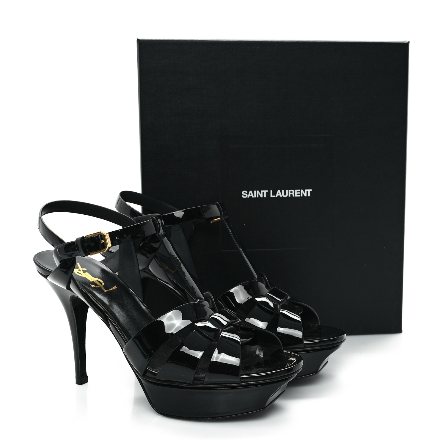 SAINT LAURENT Patent Tribute 105 Platform Sandals 38.5 Black