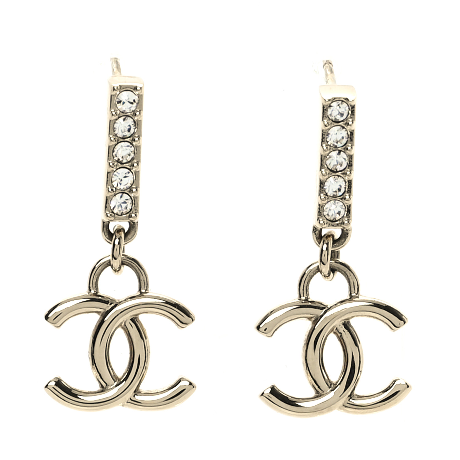 CHANEL Metal Crystal Studded CC Drop Earrings Gold 1664588