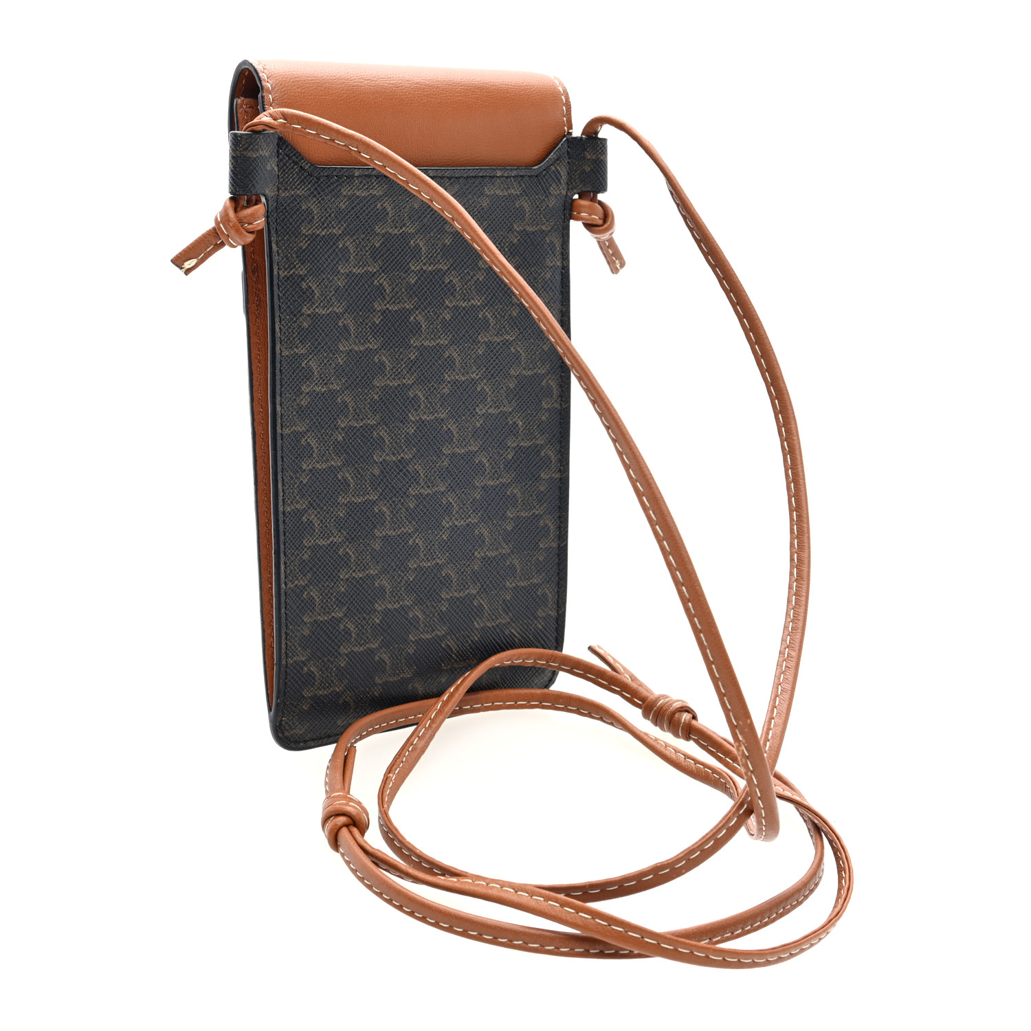 関税込★CELINE★Phone Pouch Flap Triomphe Canvas Lambskin CELINE Triomphe Canvas Lambskin Phone Pouch With Flap Tan