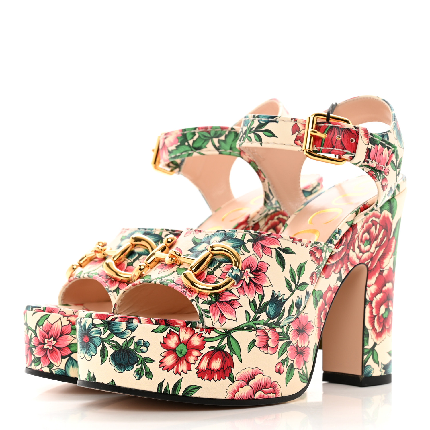 GUCCI Nappa Charlotte Brit Roses Print Horsebit 40/135mm