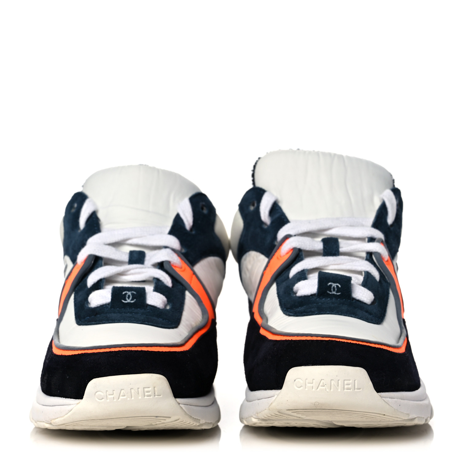 CHANEL Nylon Calfskin Suede CC Womens Sneakers 36 Navy White