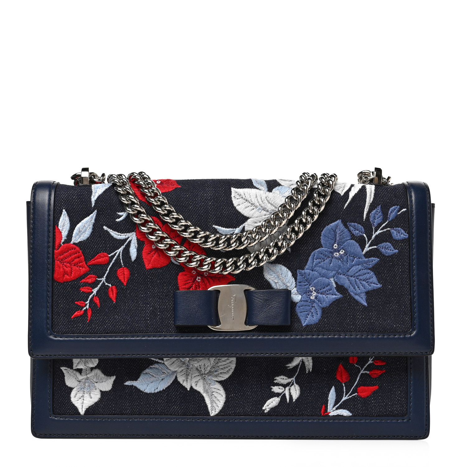 SALVATORE FERRAGAMO Calfskin Denim Floral Embroidered Ginny