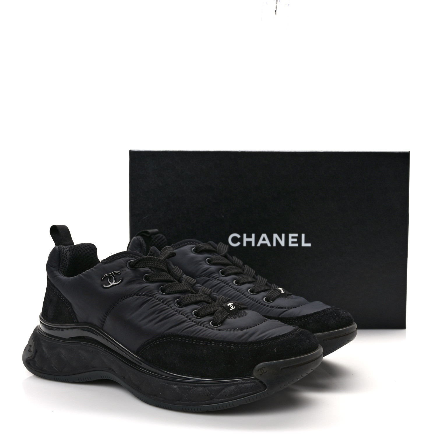 CHANEL Nylon Suede Calfskin CC Sneakers 39.5 Black 1551152