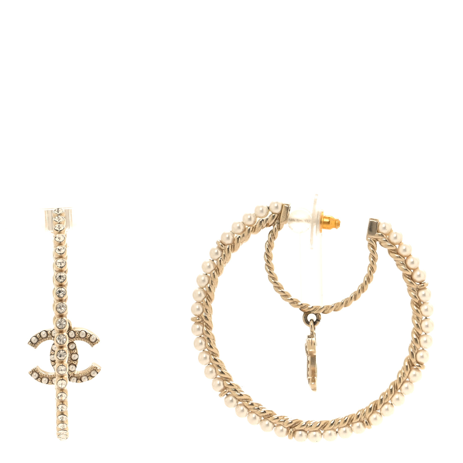 CHANEL Crystal Pearl CC Drop Hoop Earrings Gold Pearly White