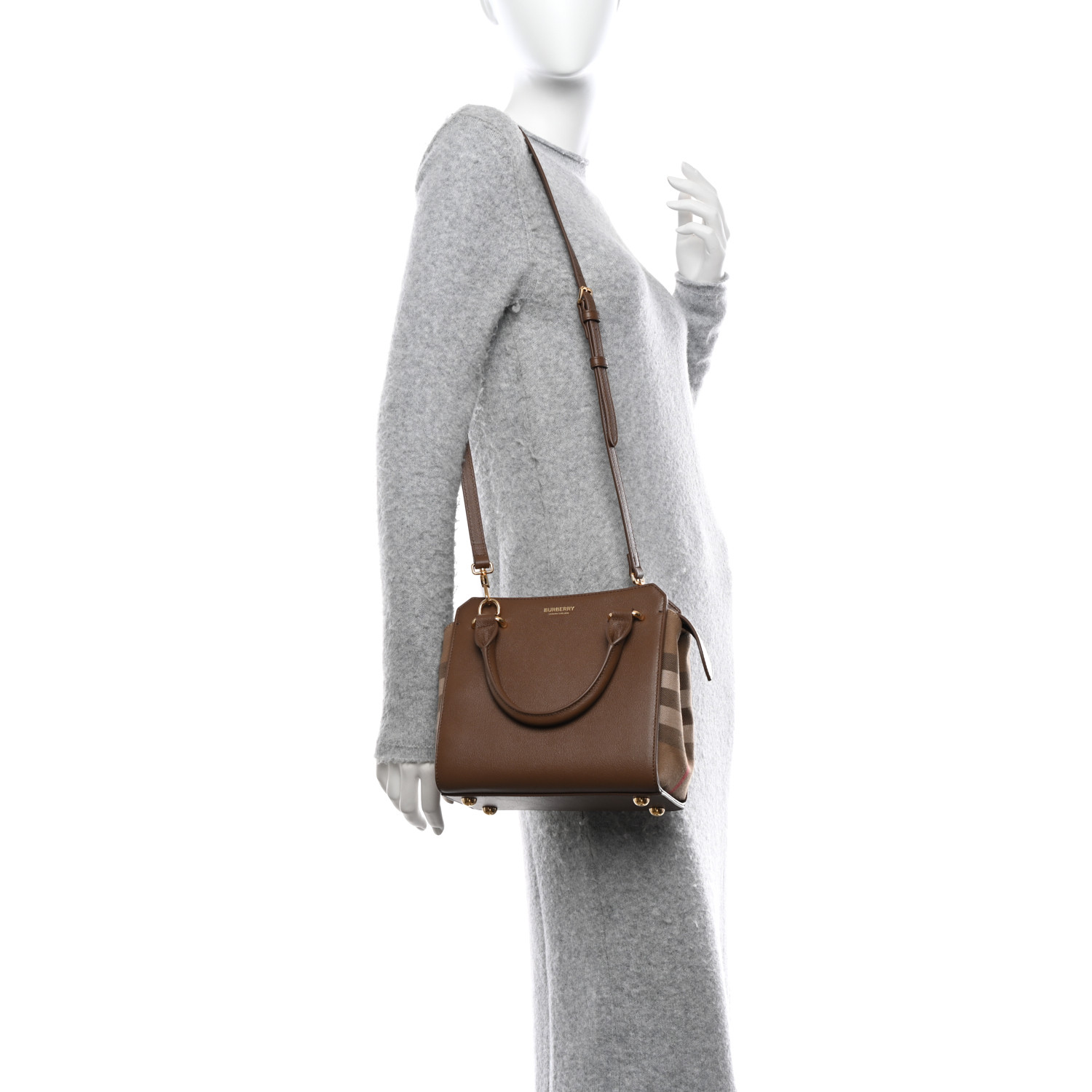 BURBERRY Calfskin Mega Check Mini Banwell Tote Earth 1484182