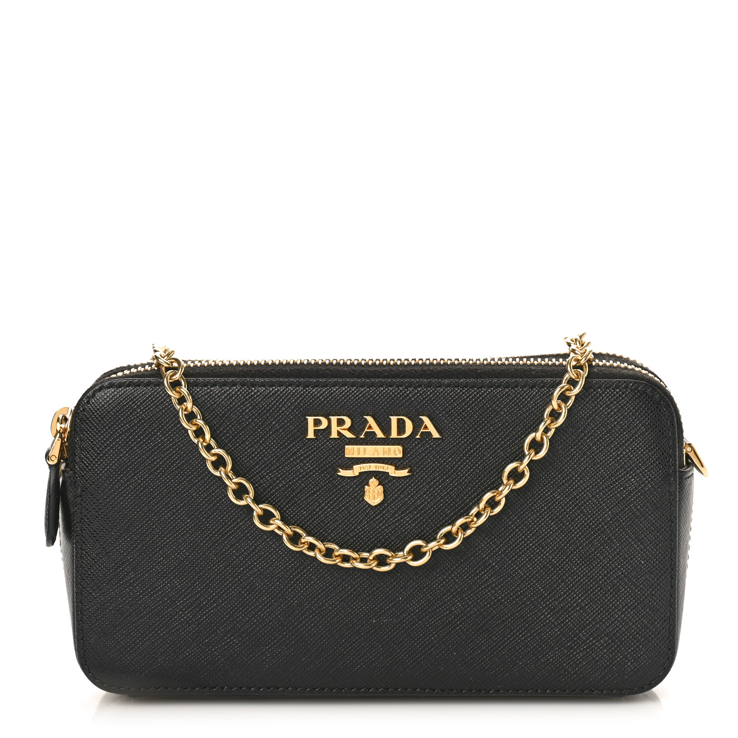 PRADA Saffiano Lux Mini Double Zip Chain Crossbody Bag Black