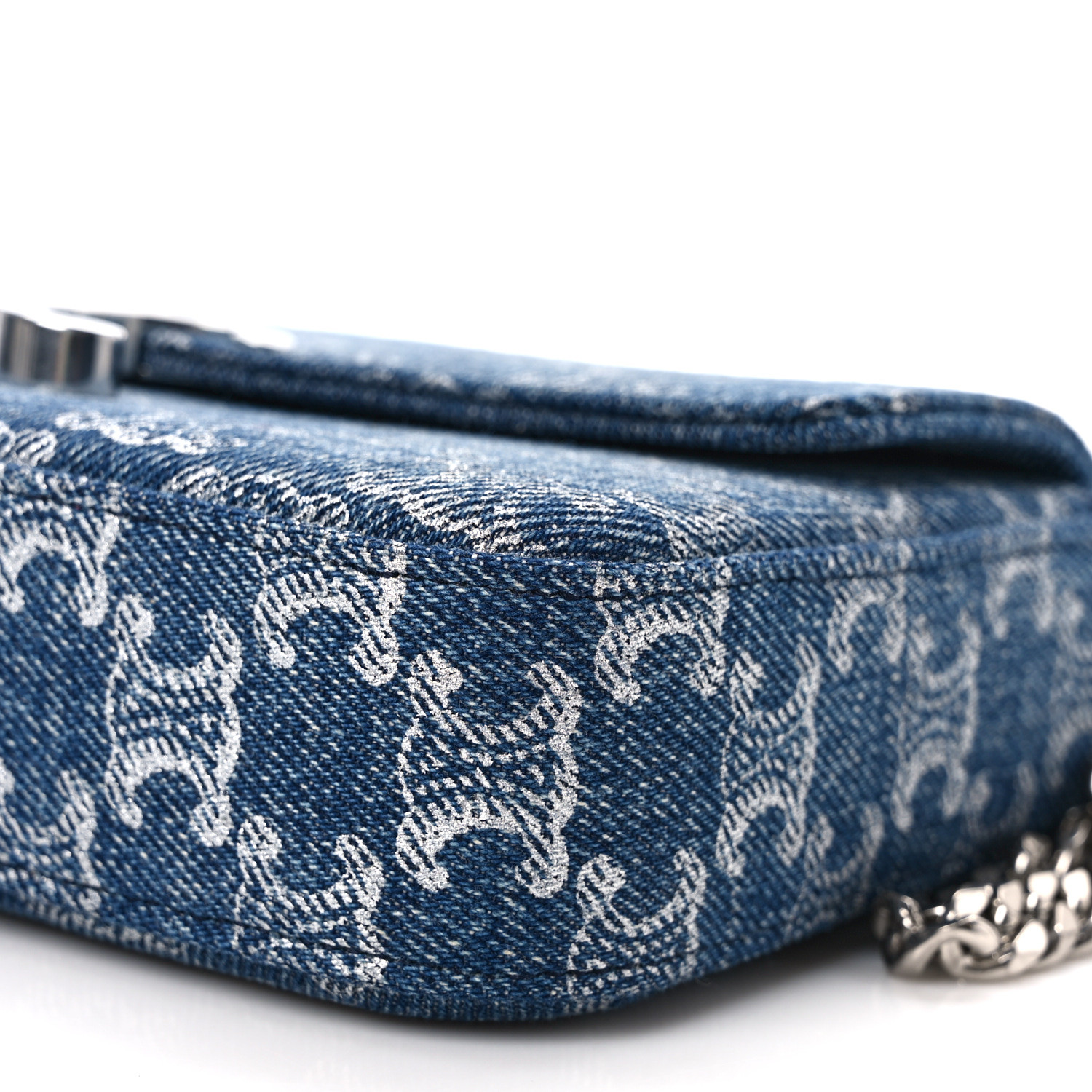 CELINE Denim Triomphe Claude Chain Shoulder Bag Blue Silver