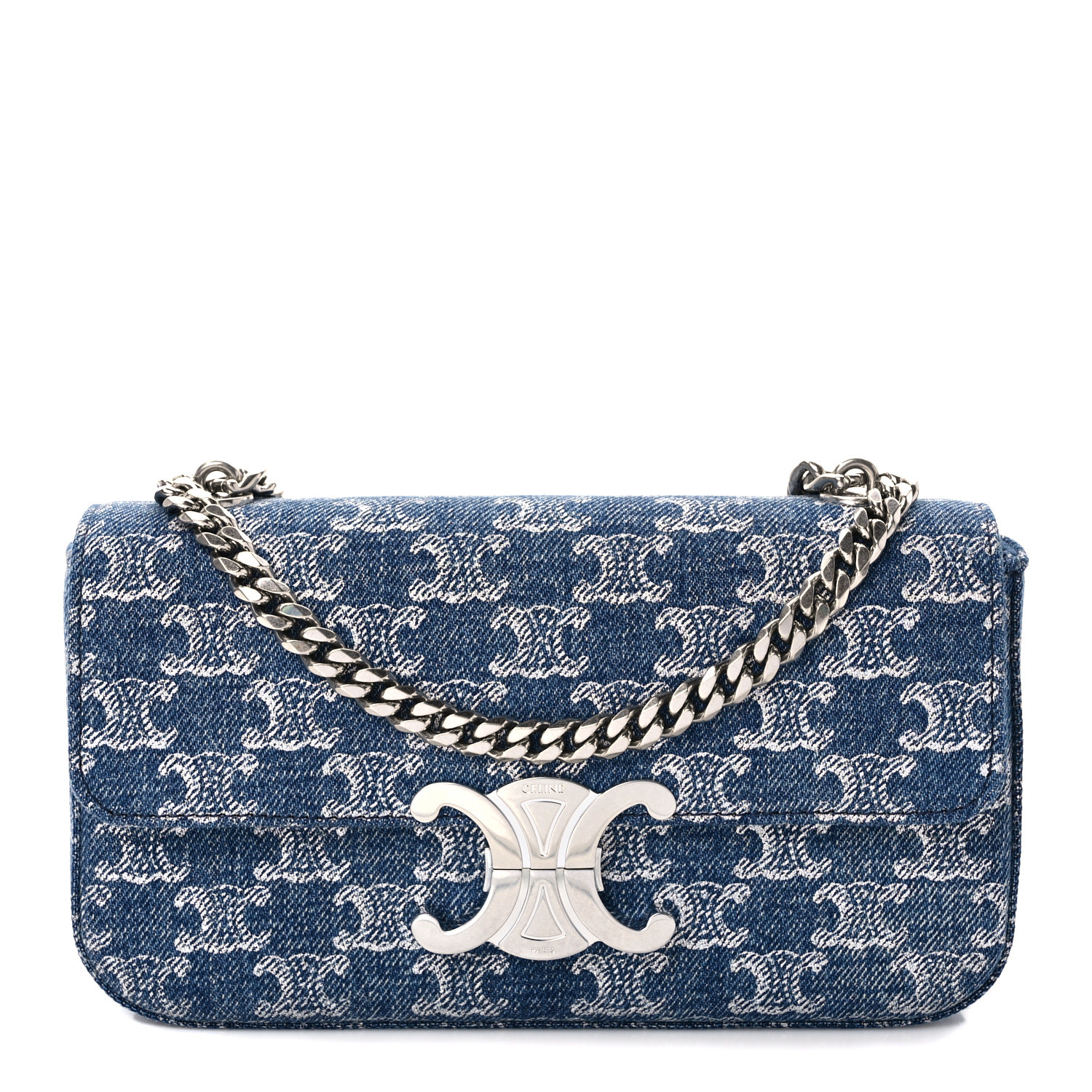 【CELINE(セリーヌ)】CLAUDE DENIM CHAIN SHOULDER BAG CELINE Denim Triomphe Claude Chain Shoulder Bag Blue Silver