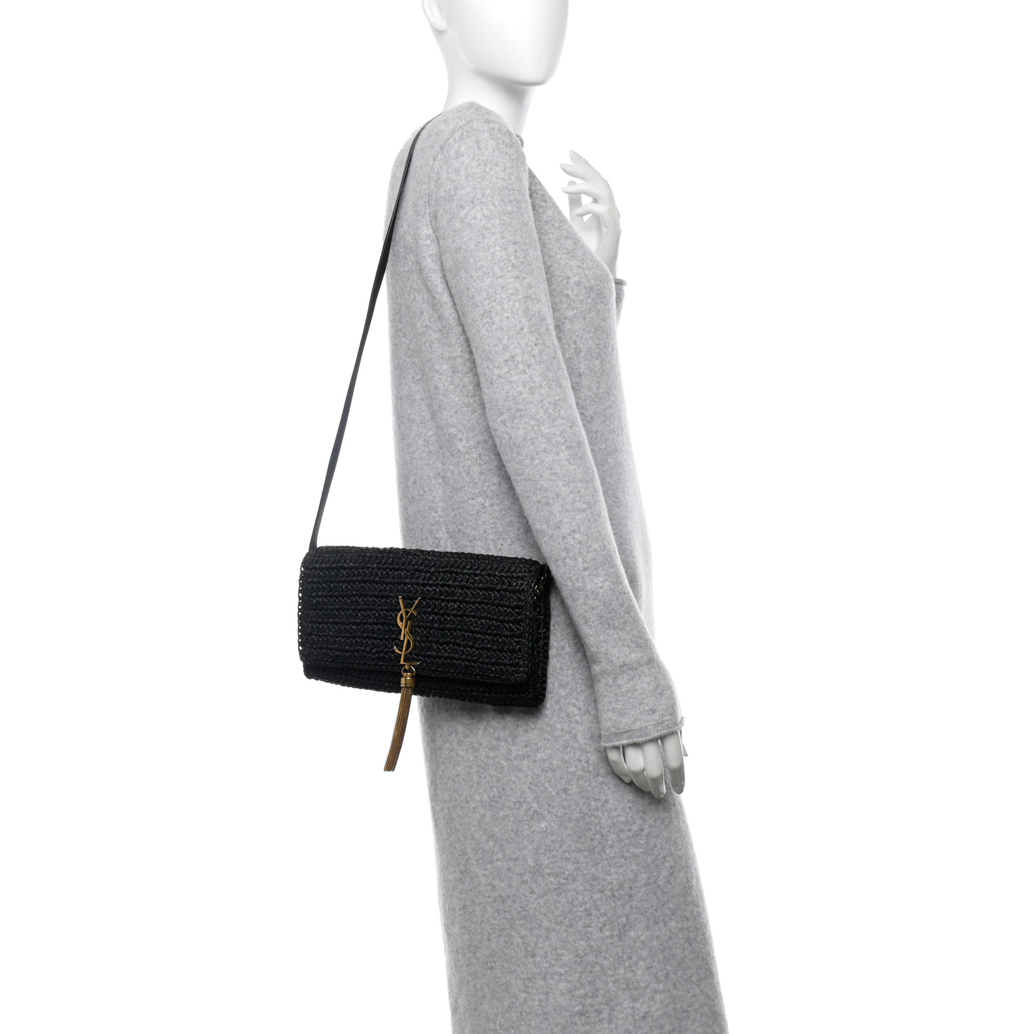 SAINT LAURENT Raffia Monogram Tassel Kate 99 Black 1651787
