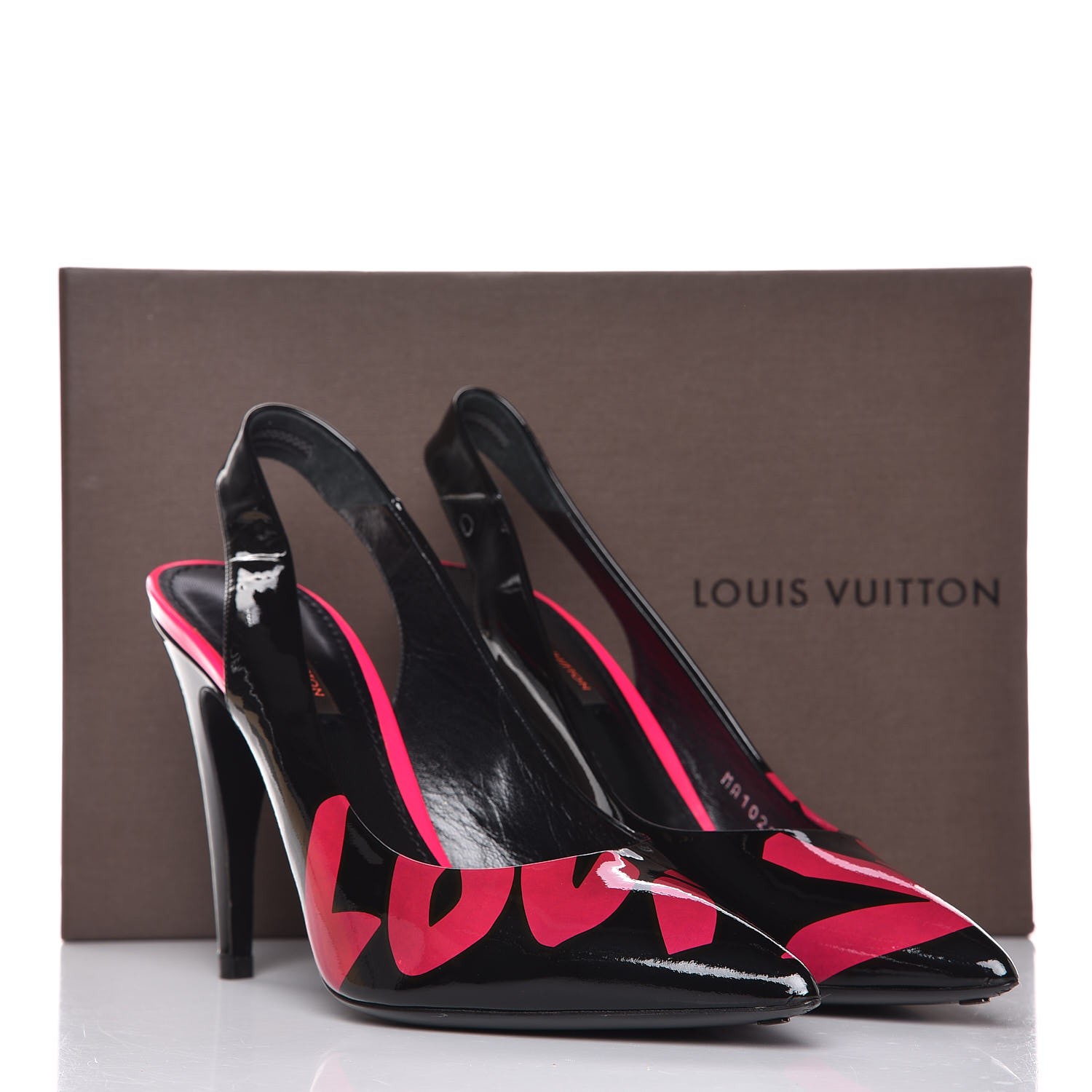 LOUIS VUITTON 青黒ポインテッドトゥハイヒール LOUIS VUITTON Patent Graffiti Slingback Pumps 38.5 Black