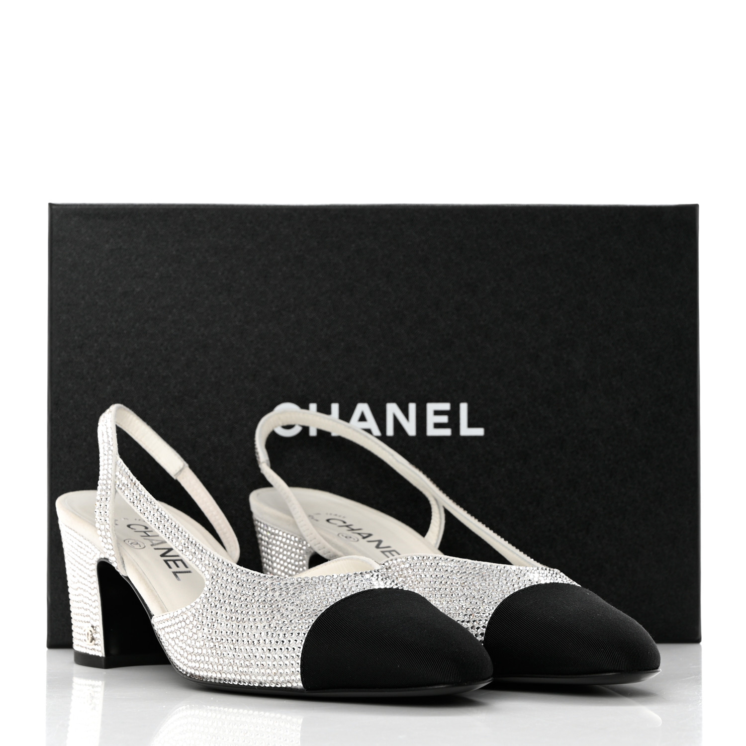 CHANEL Strass Grosgrain Cap Toe CC Slingback Pumps 39.5