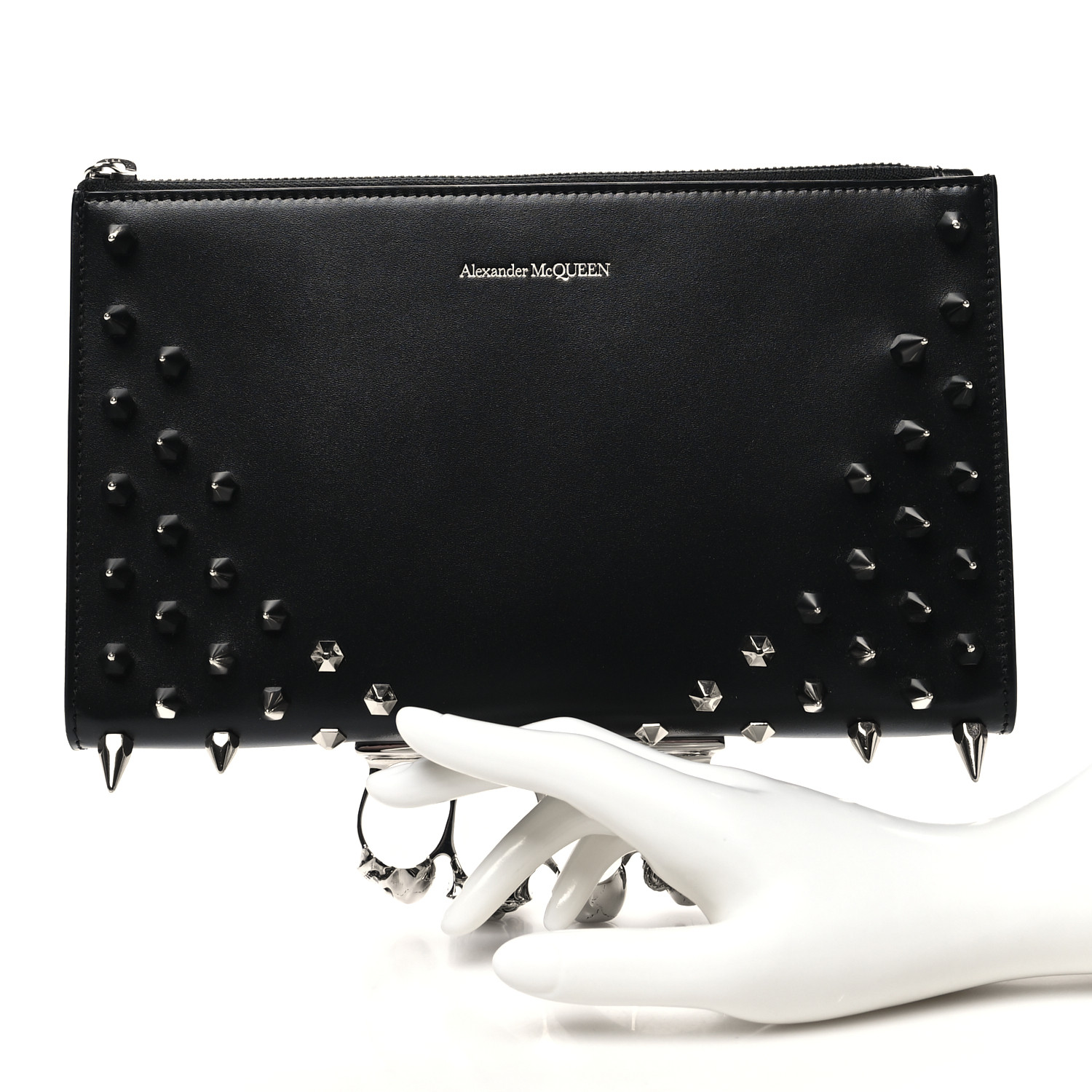 マッサン ALEXANDER MCQUEEN Calfskin Skull Four RIng Zip Pouch Black
