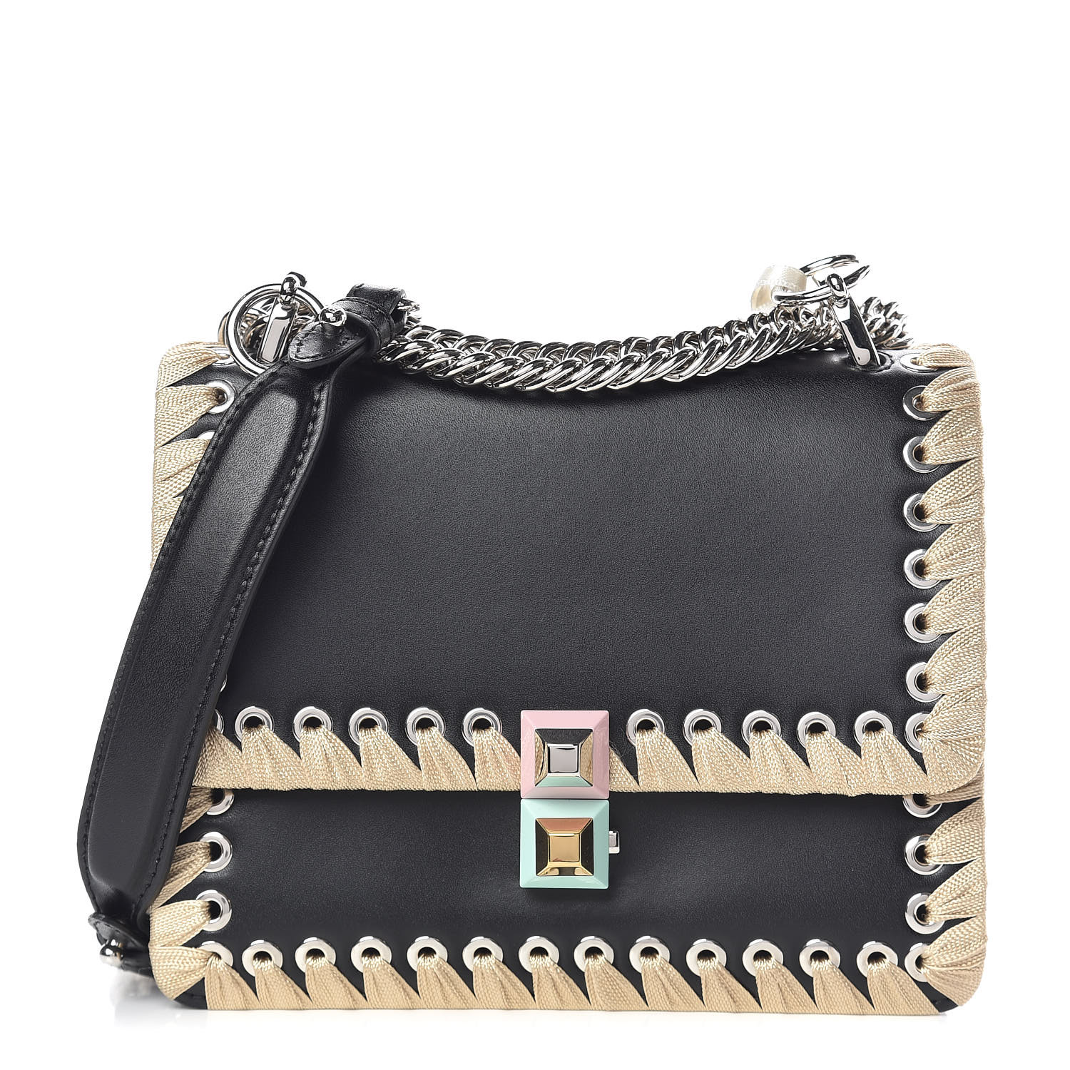 FENDI Vitello Liberty Lucido Ribbon Lace Up Studded Small