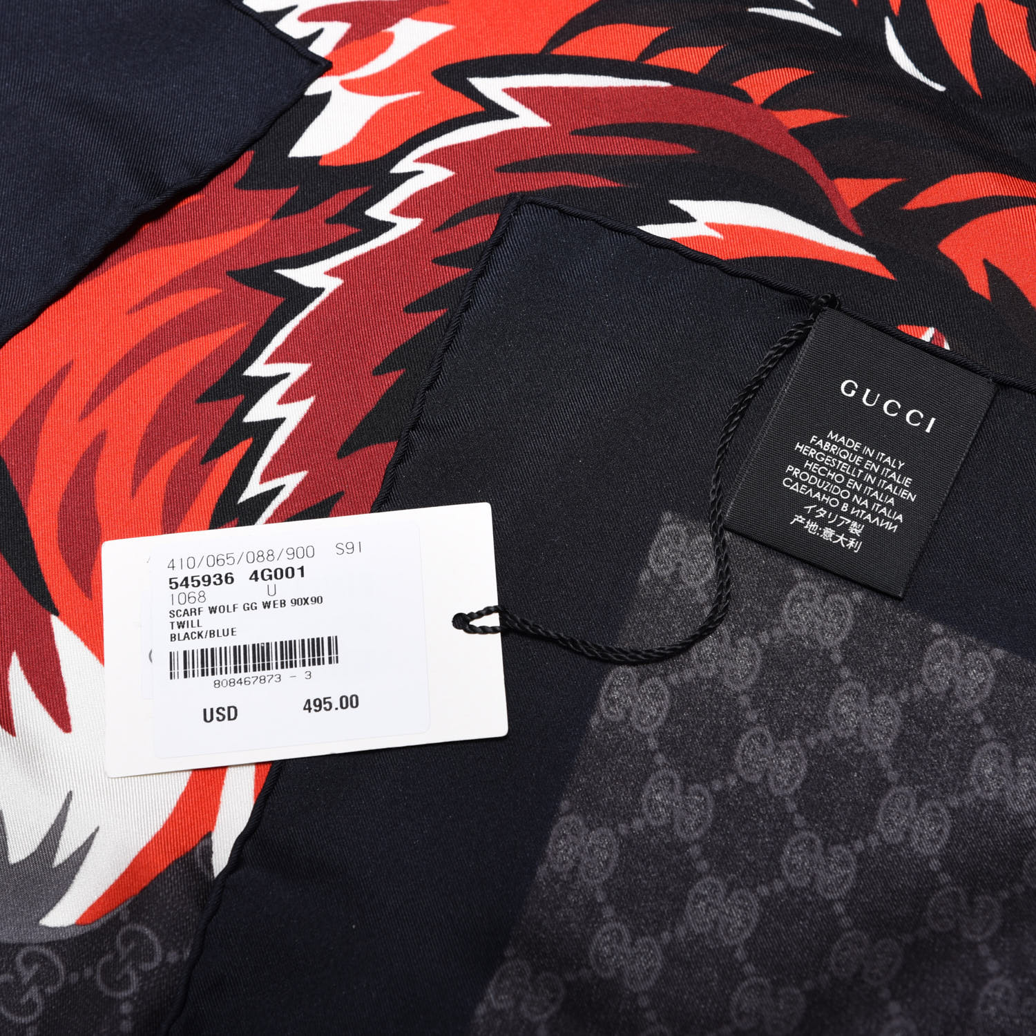 GUCCI Silk GG Monogram Wolf GG Web Scarf Black Blue 563935