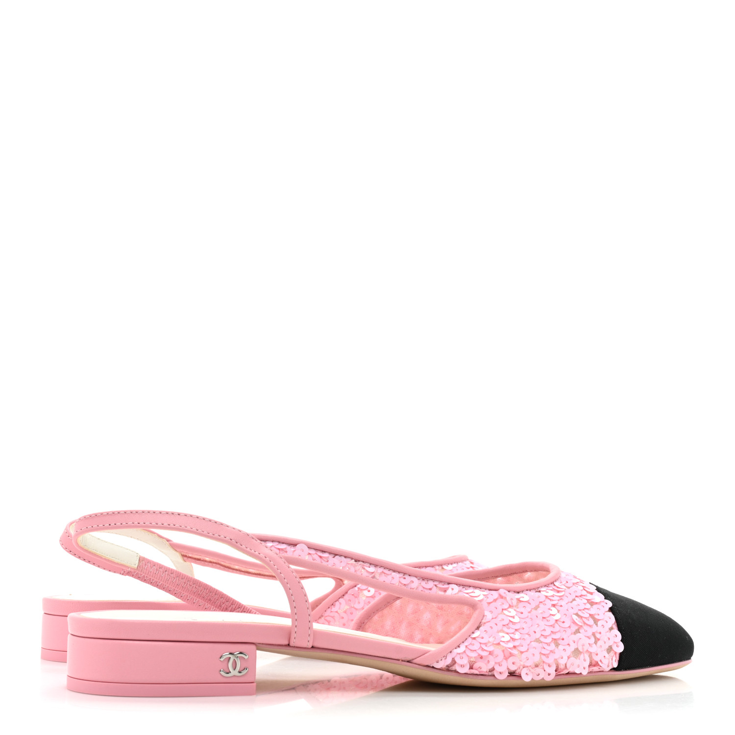 CHANEL Sequins Satin Cap Toe CC Slingback Flat 38 Pink Black