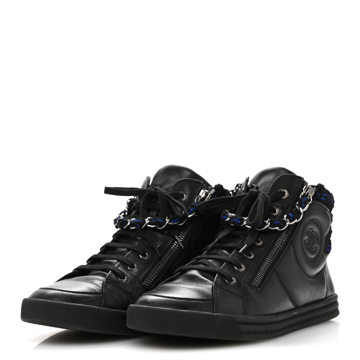 CHANEL Lambskin Tweed Zipped Sneakers 39 Black Blue 1695270