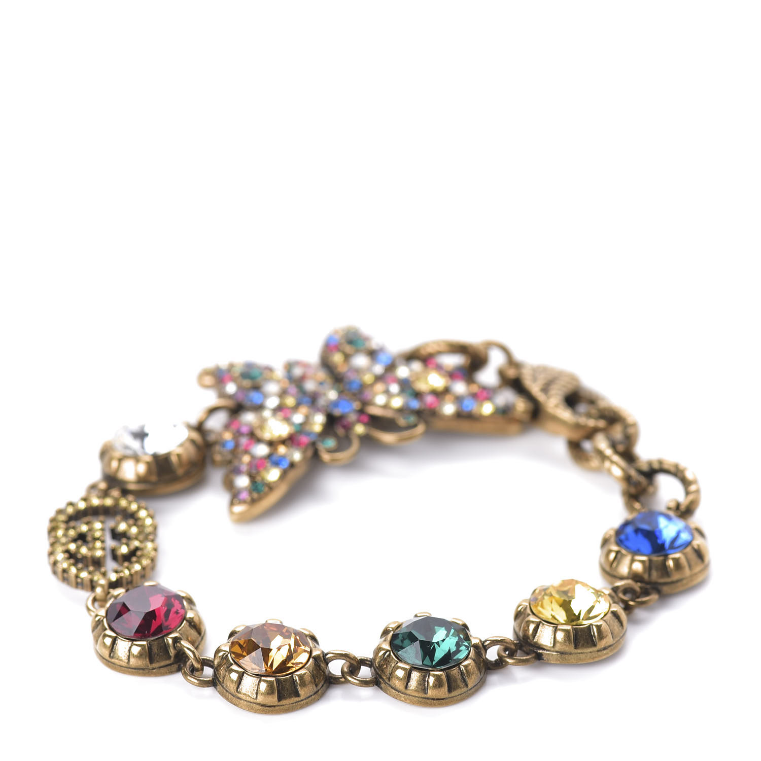 GUCCI Crystal Butterfly Bracelet Aged Gold Multicolor 642756