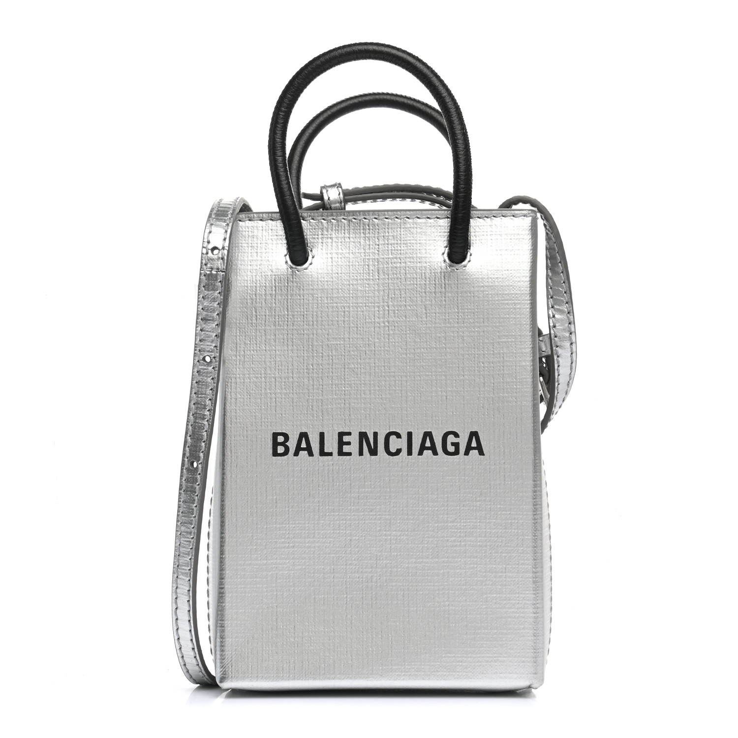 BALENCIAGA Metallic Textured Calfskin Logo Shopping Phone