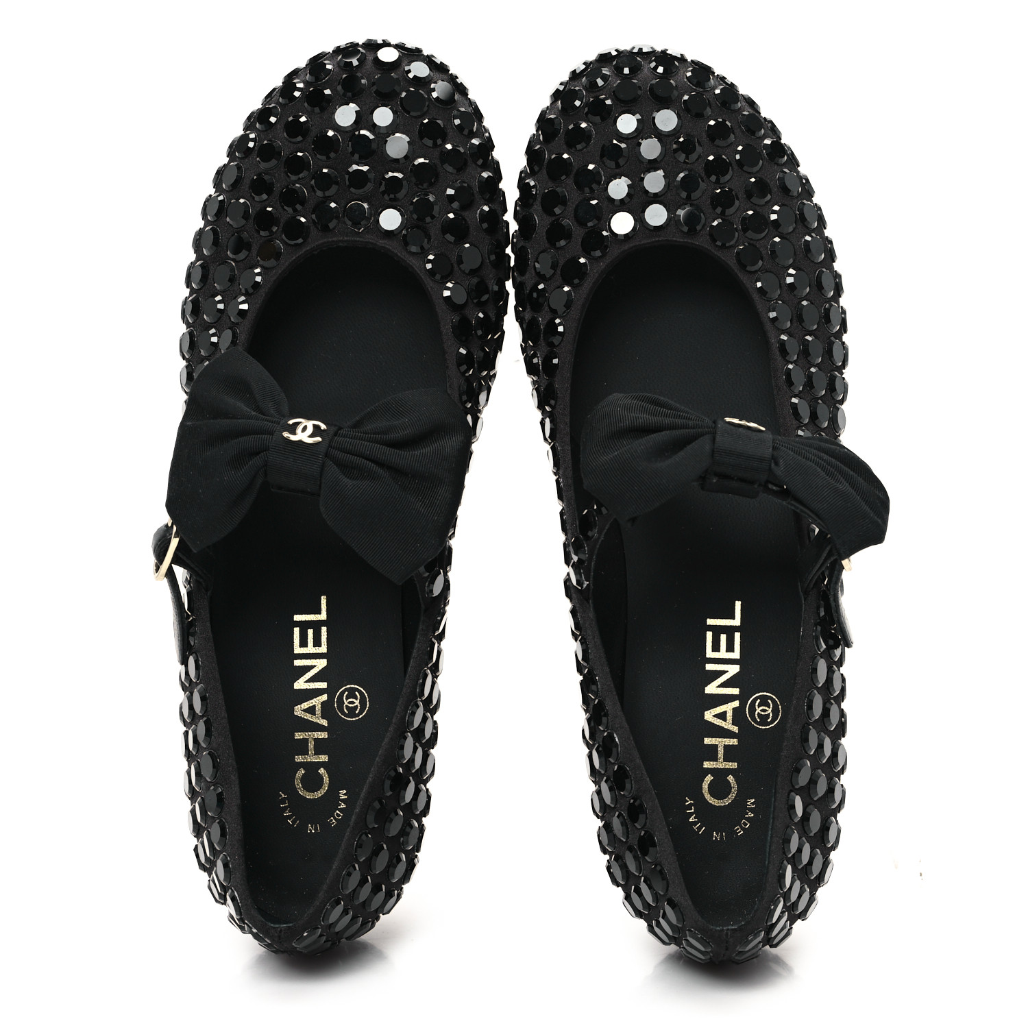 CHANEL Satin Strass Bow Mary Jane Flats 37 Black 1650626