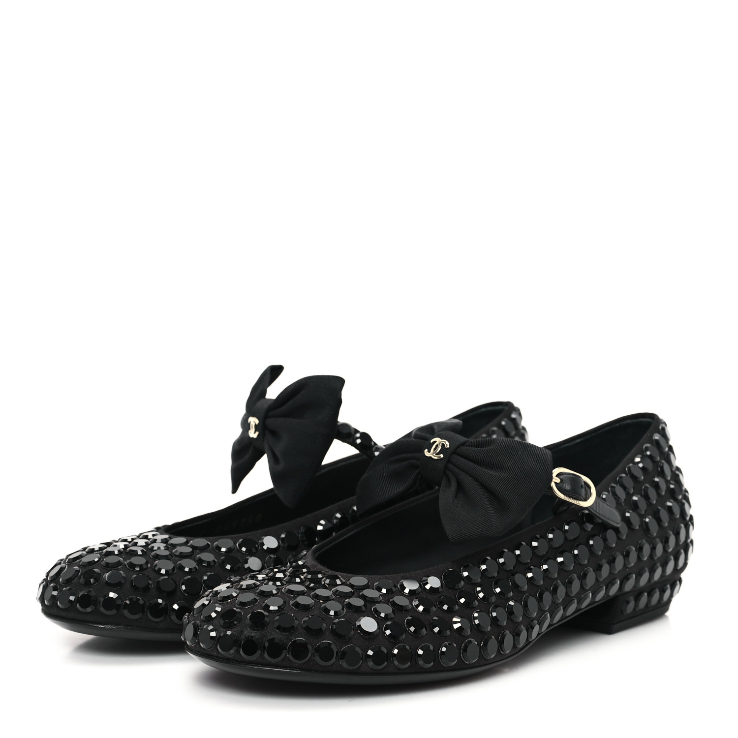 CHANEL Satin Strass Bow Mary Jane Flats 37 Black 1650626