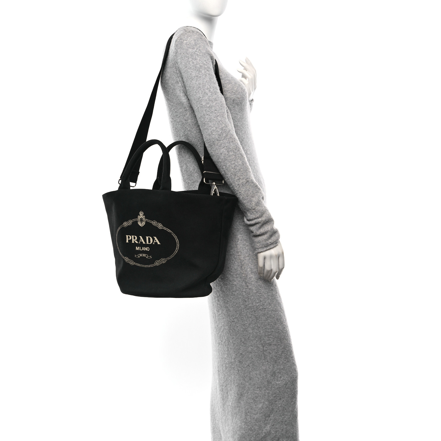 PRADA Canapa Small Shopping Tote Black 1648266 | FASHIONPHILE