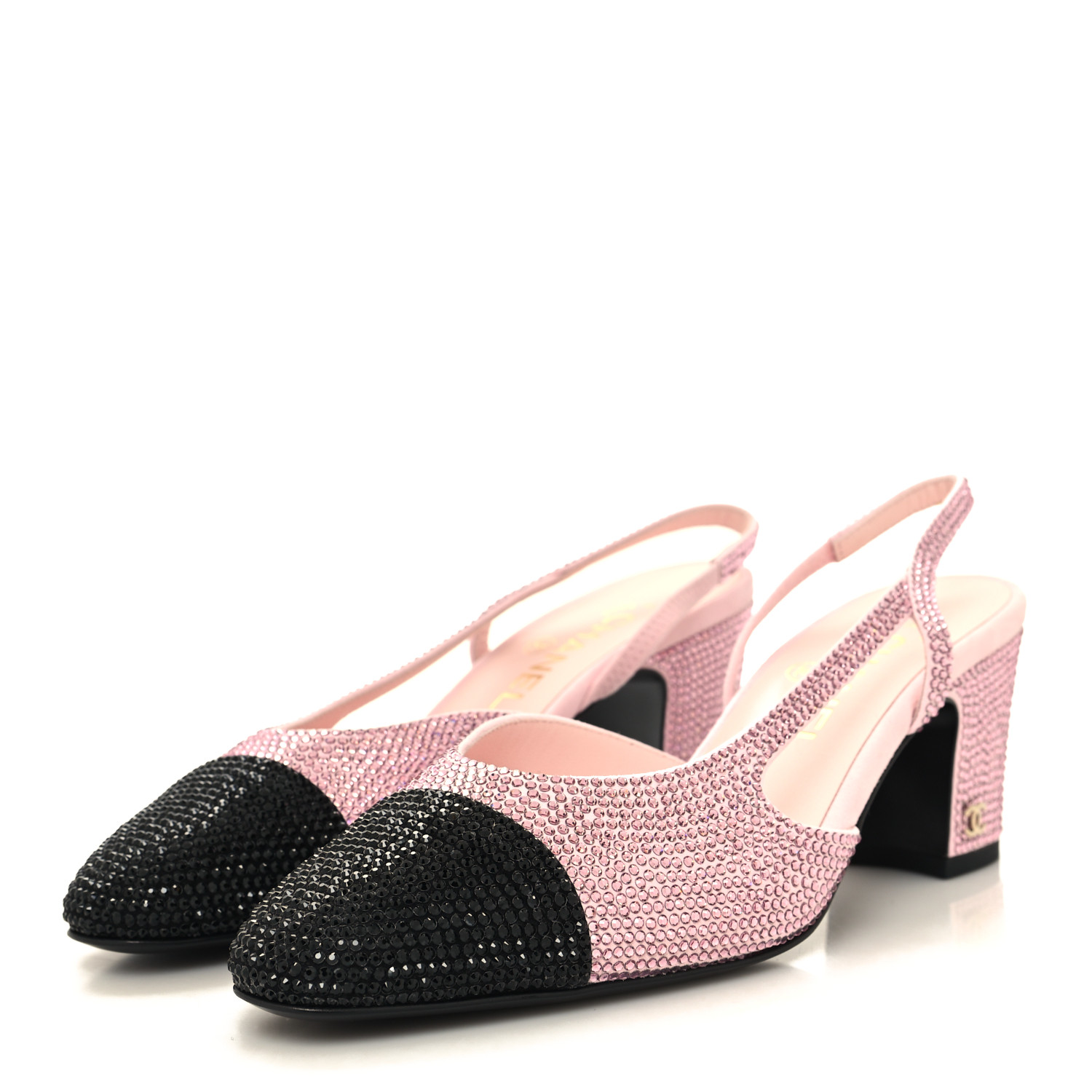 CHANEL Strass Grosgrain Cap Toe CC Slingback Pumps 38 Pink