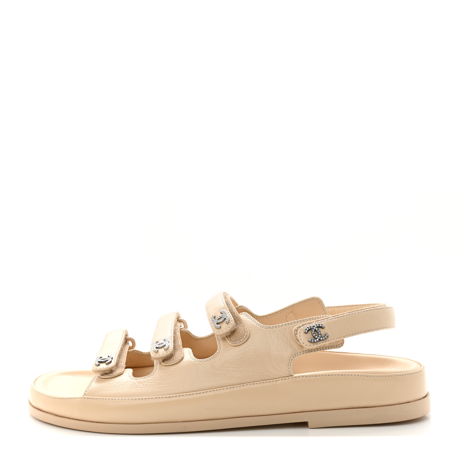 [CHANEL]★Velcro Cubic Sandals Chanel White Textured Leather Velcro Dad Sandals Size 6.5/37