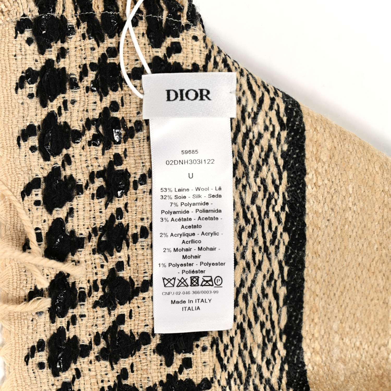 CHRISTIAN DIOR Wool Silk Houndstooth Fringe Scarf Beige