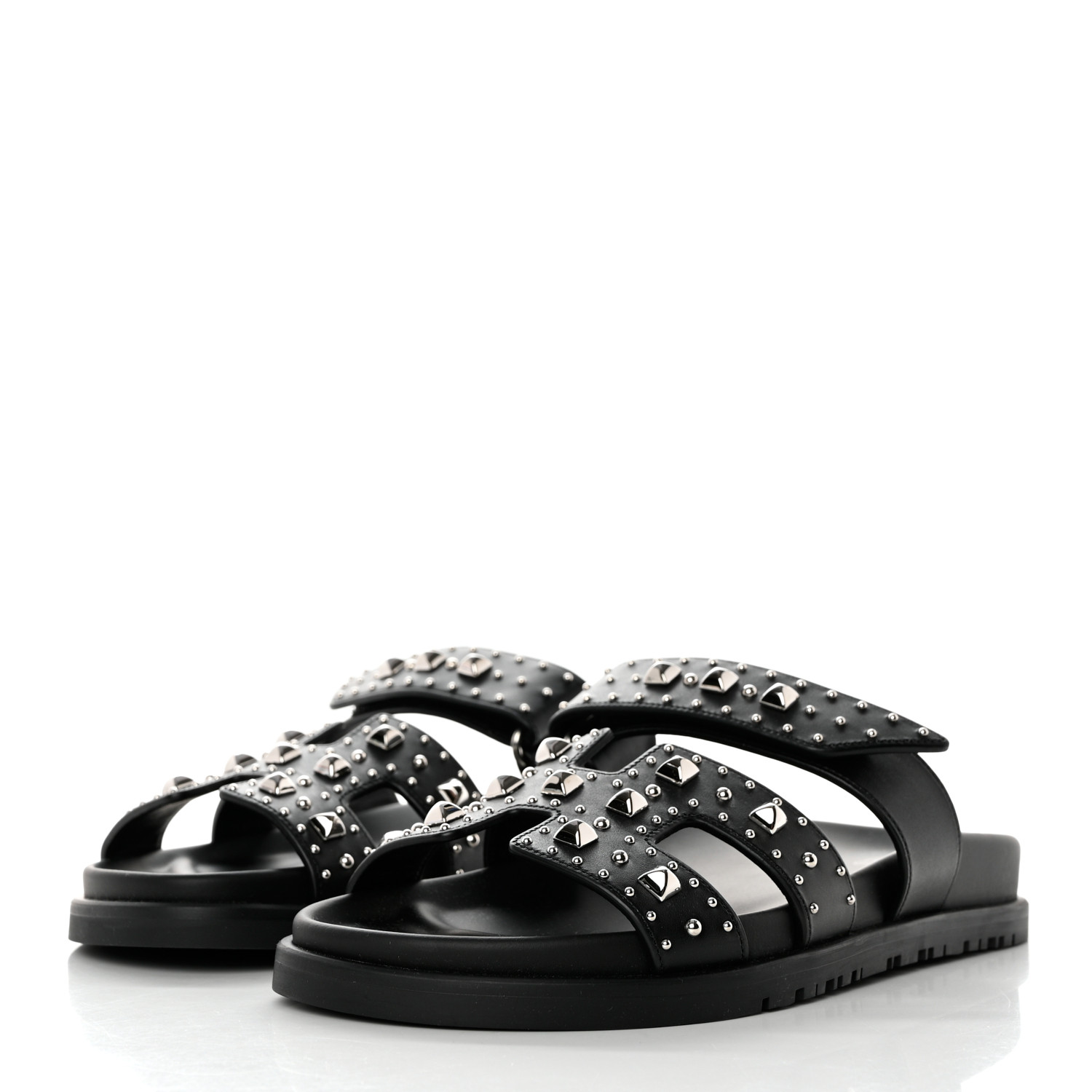 HERMES Calfskin Studded Womens Chypre Sandals 36 Black
