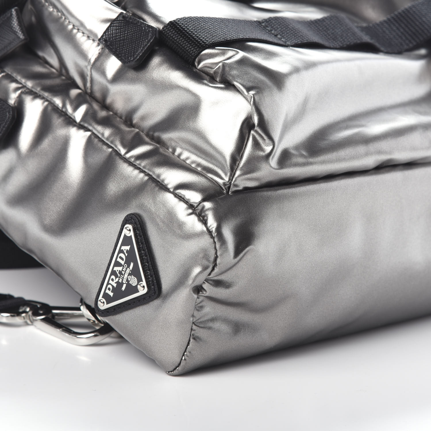 PRADA Metallic Tessuto Nylon Saffiano Sling Backpack Silver