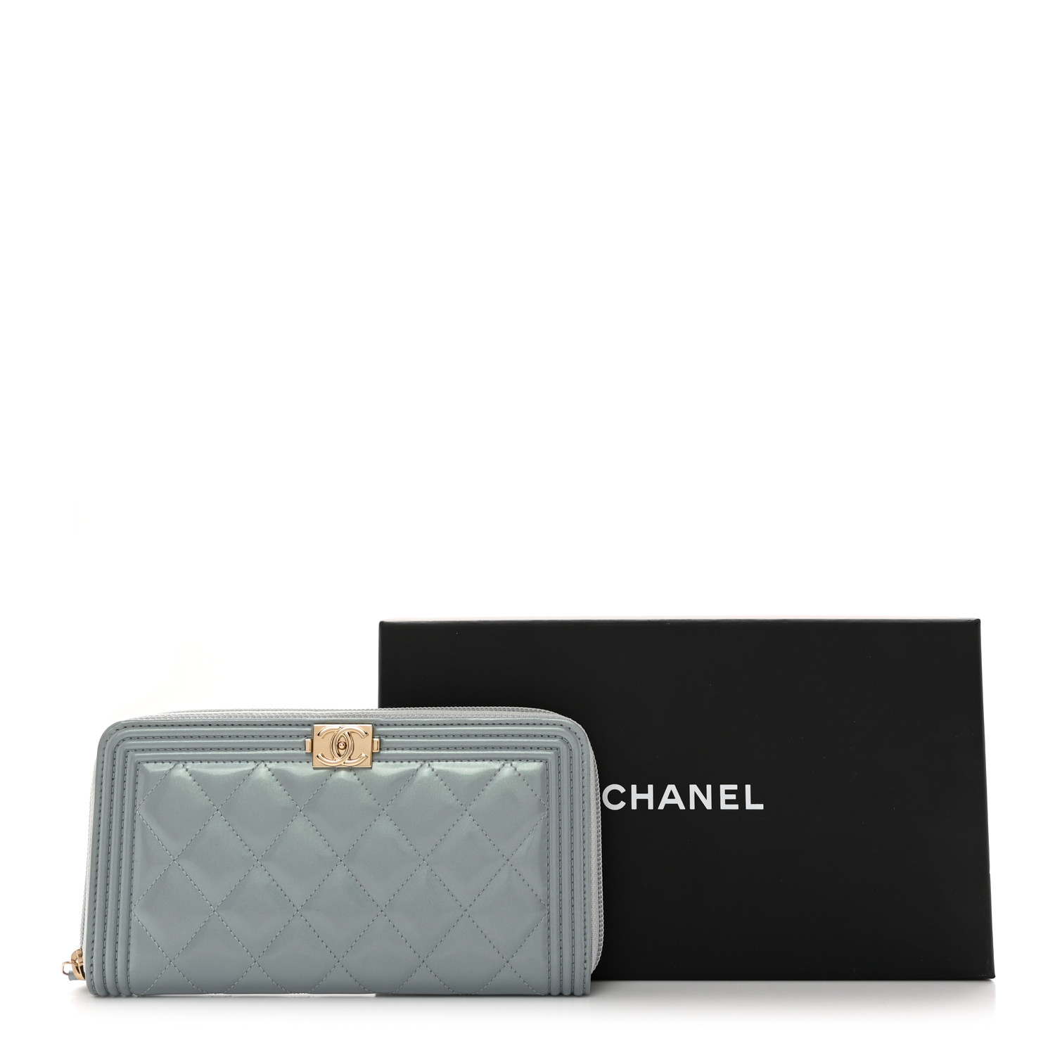 CHANEL Metallic Patent Quilted Boy Zip Around Wallet Light