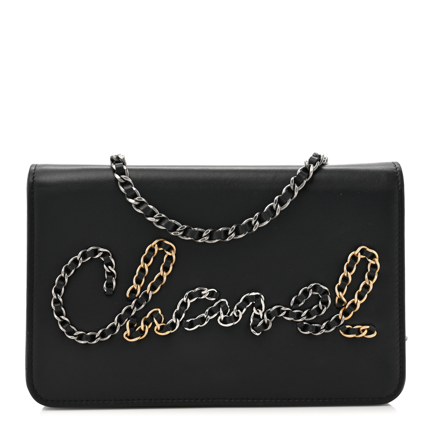 CHANEL Calfskin Chain 20s Signe Wallet on Chain WOC Black