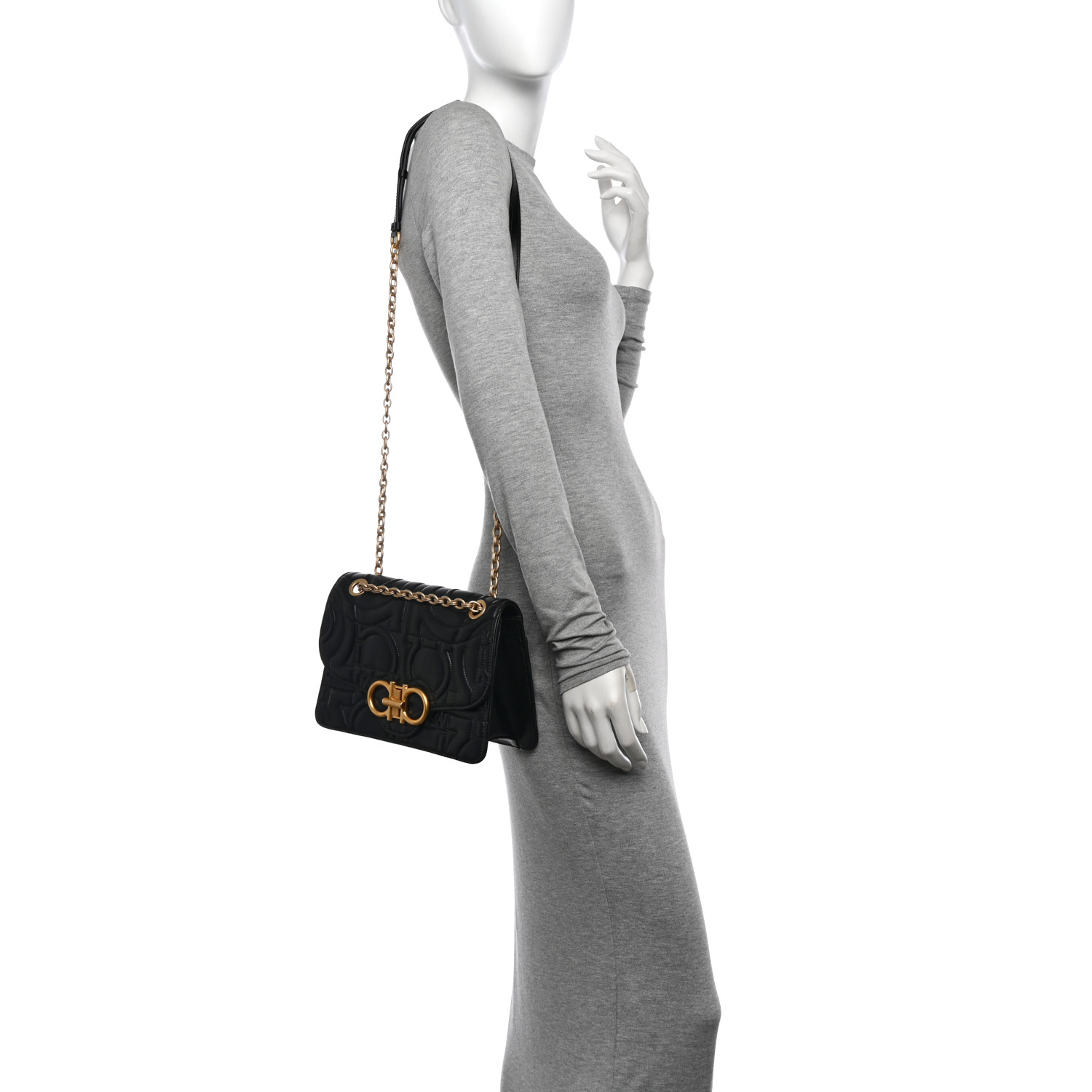 SALVATORE FERRAGAMO Calfskin Quilted Gancini Flap Bag Black SALVATORE FERRAGAMO Calfskin Quilted Gancini Flap Bag Black