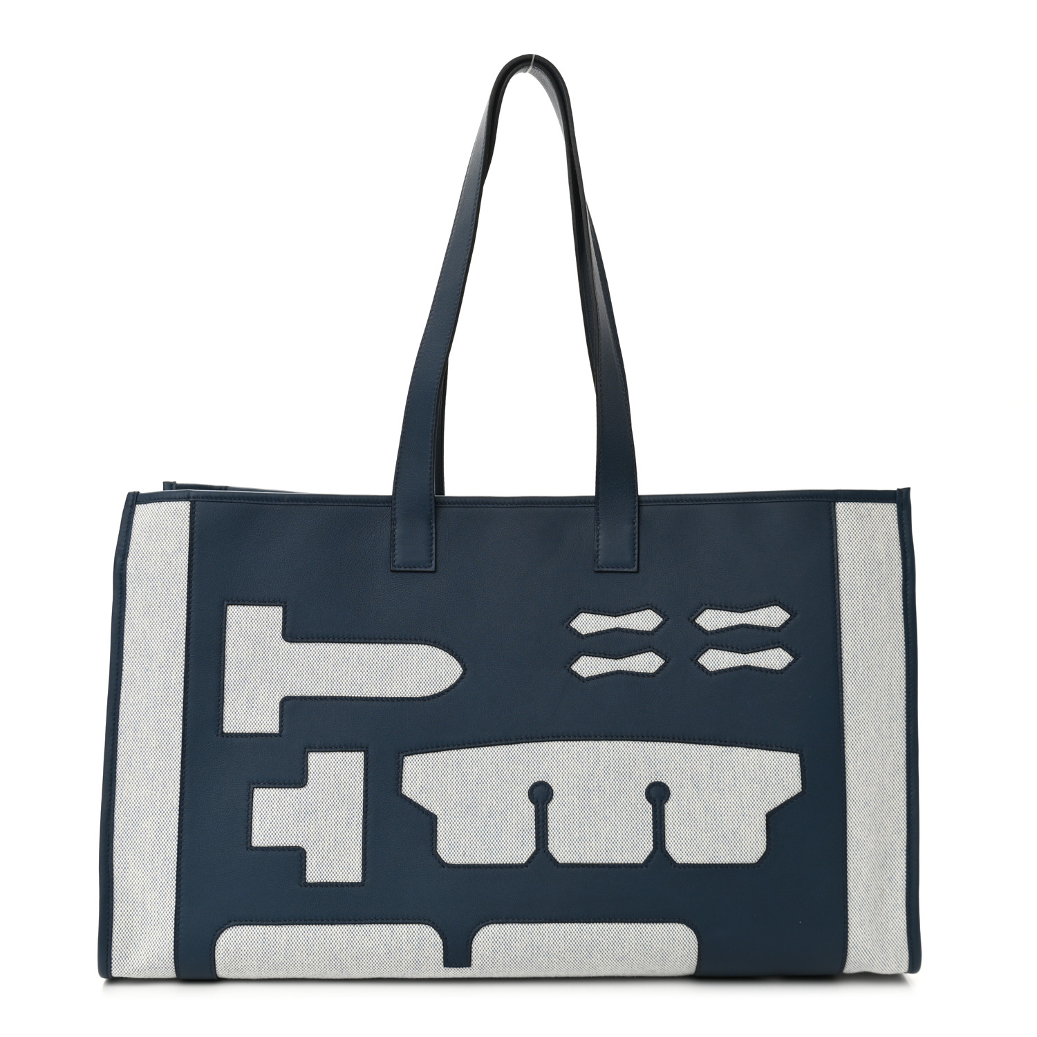 HERMES Swift Toile Petit H Decoupe Skeleton Tote GM Ecru Navy | FASHIONPHILE